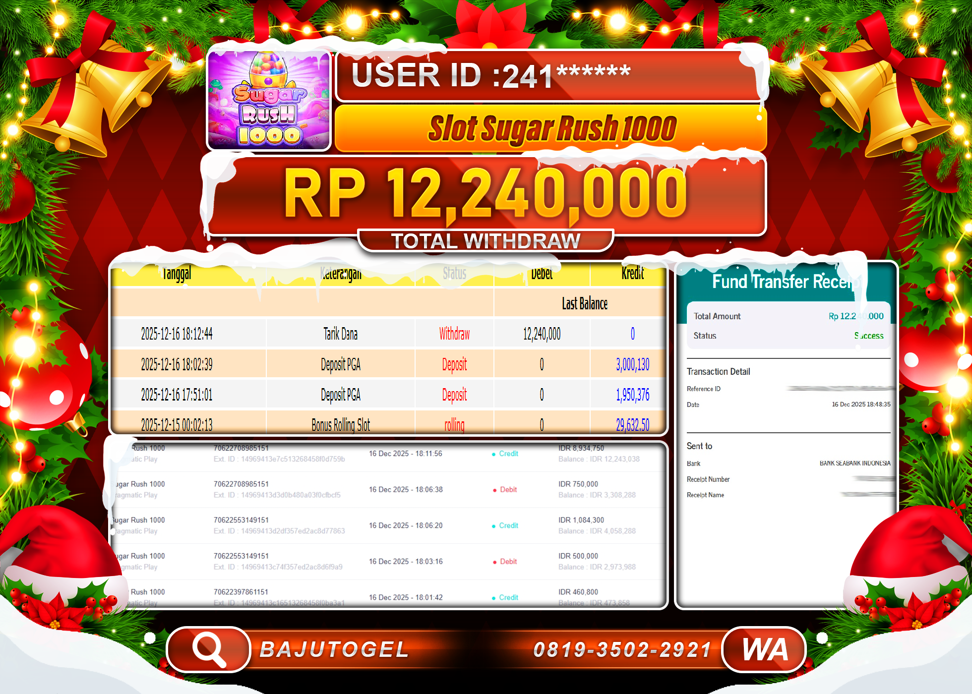 BAJUTOGEL KEMENANGAN DI PRAGMATIC SLOT SUGAR RUSH  1000 Rp.12,240,000 LUNAS