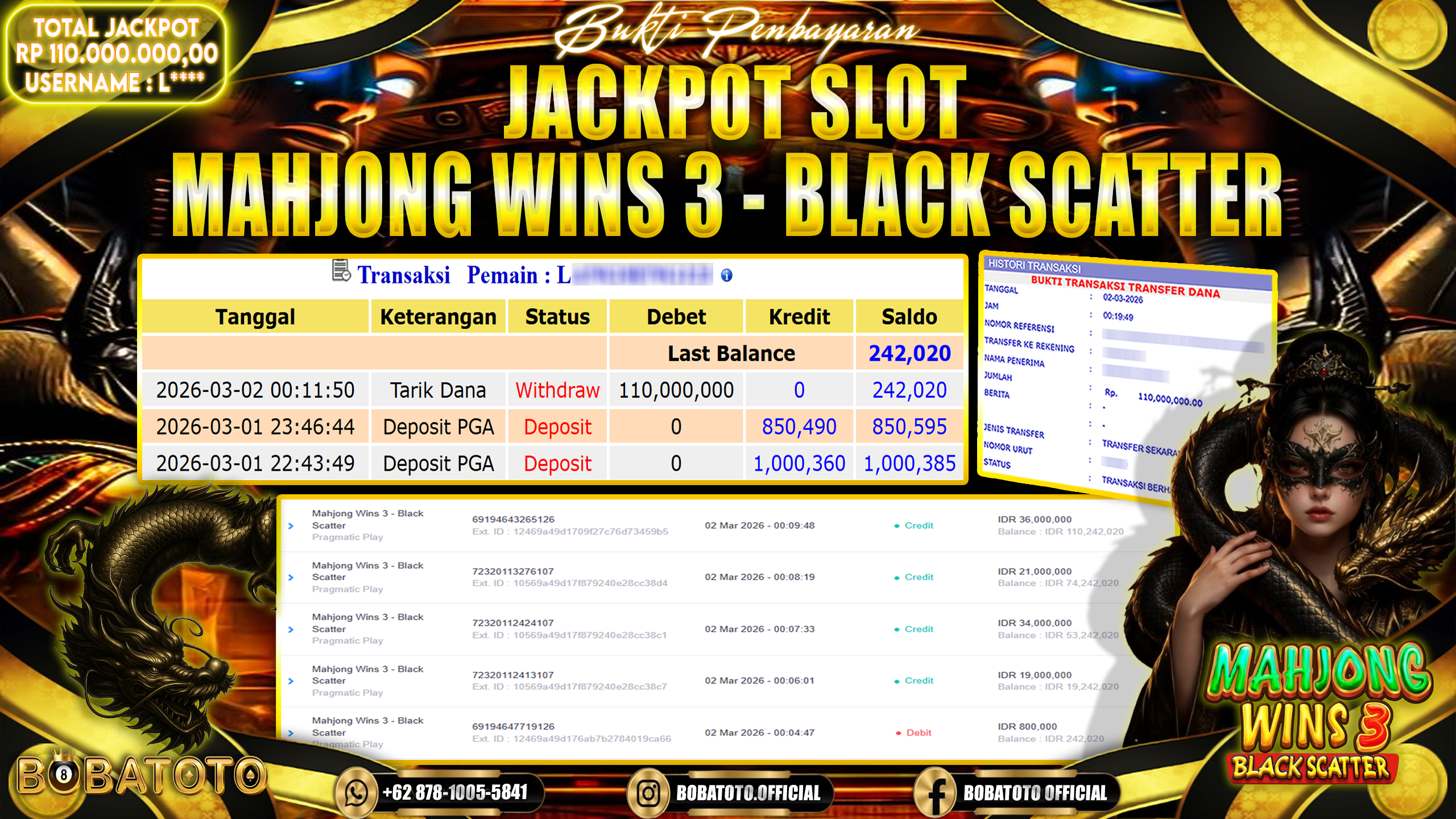 BOBATOTO JACKPOT SLOT PRAGMATIC MAHJONG WINS 3 - BLACK SCATTER Rp.110,000,000- LUNAS!!