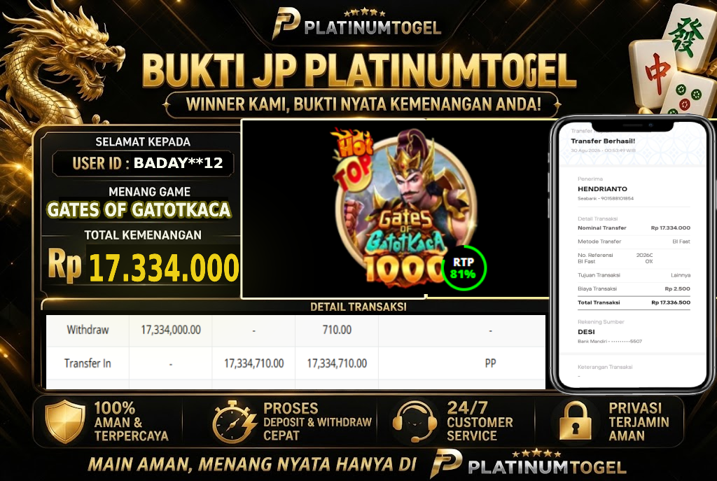 🏆 Bukti Jackpot Gates Of Gatot Kaca Dengan Kemanangan Rp 17,334,000-. Hanya di PLATINUMTOGEL🏆