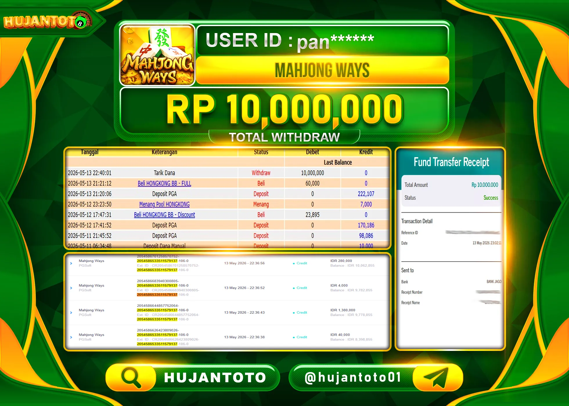 HUJANTOTO - BUKTI JACKPOT MENANG MAHJONG WAYS PGSOFT Rp.10,000,000 - TERBAYAR LUNAS