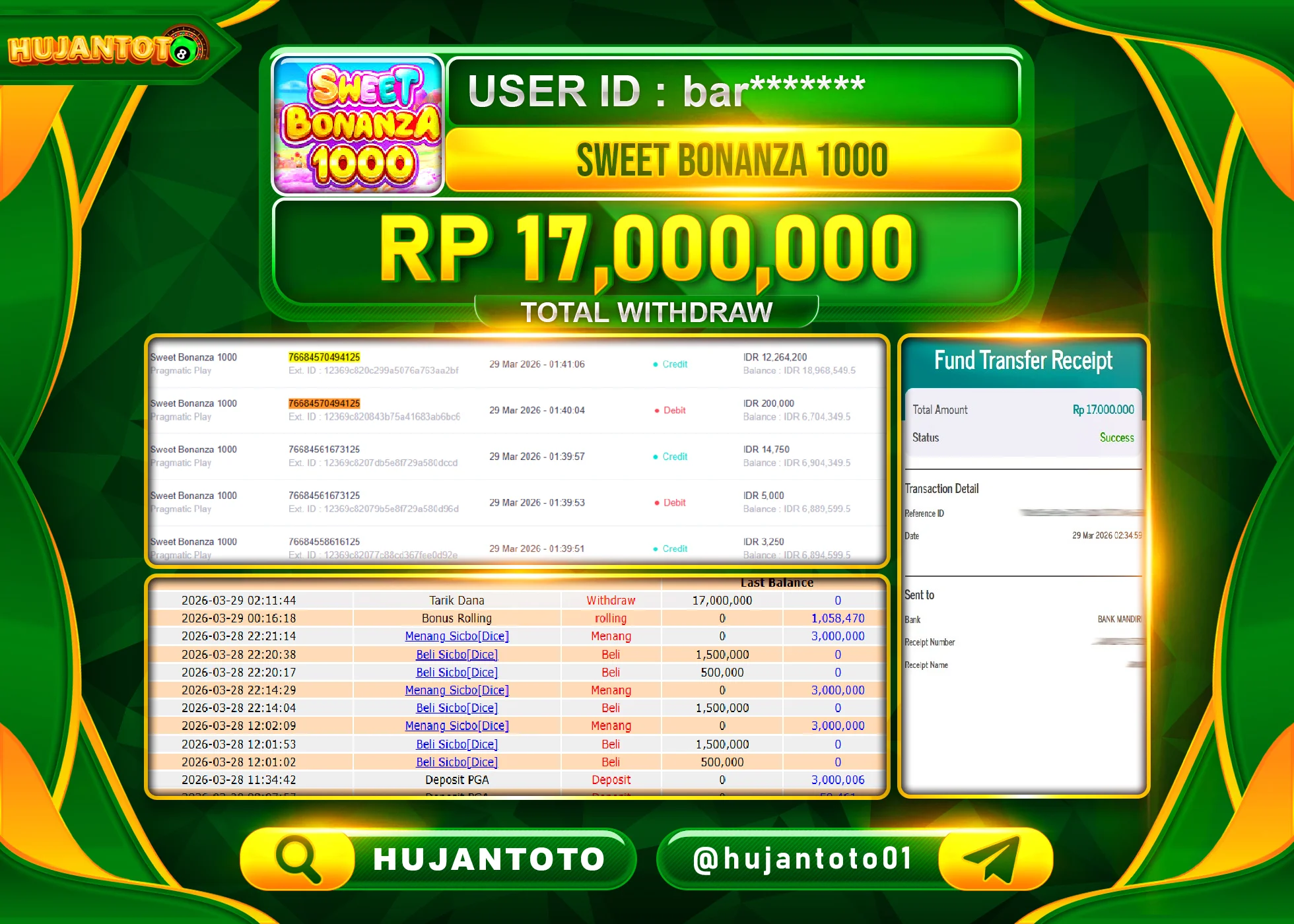 HUJANTOTO - BUKTI JACKPOT MENANG SLOT SWEET  BONANZA 1000 Rp.17,000,000 - TERBAYAR LUNAS