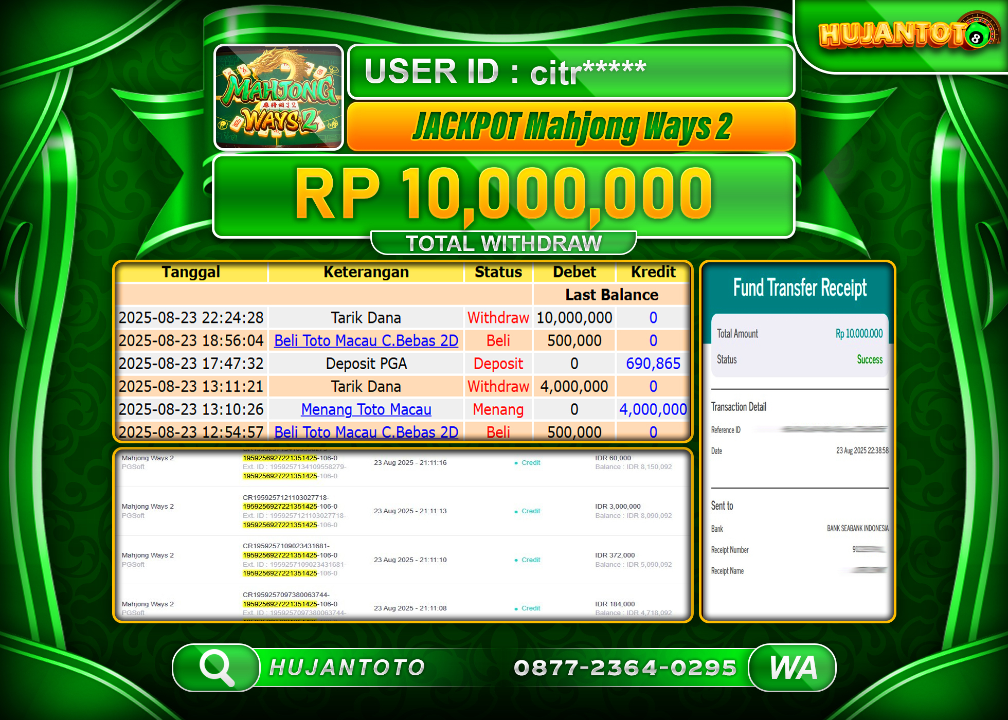 HUJANTOTO - BUKTI JACKPOT MENANG  MAHJONG WAYS 2  Rp.10,000,000 - TERBAYAR LUNAS