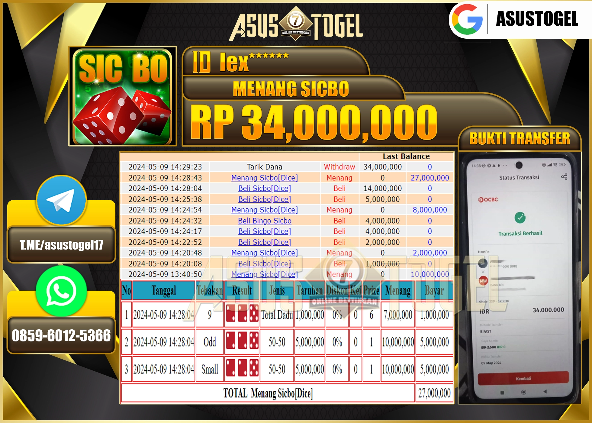 ASUSTOGEL MENANG GAMES SICBO 34.000.000- LUNAS