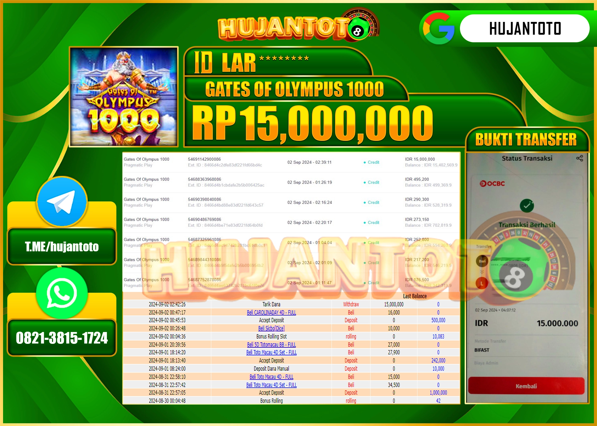 HUJANTOTO MENANG BESAR DI PERMAINAN GATES OF OLYMPUS 1000, 15,000.000 - LUNAS 
