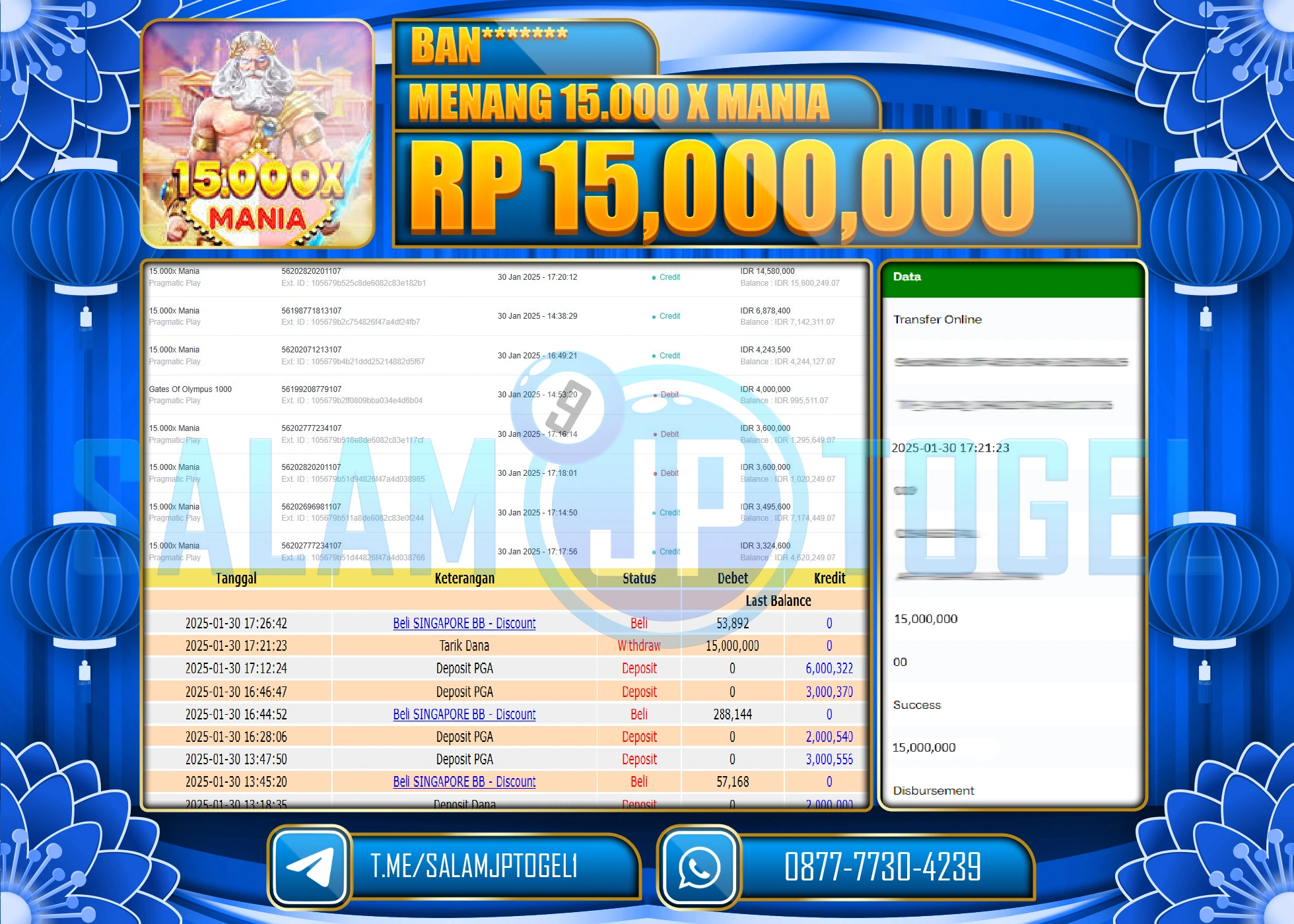 SALAMJPTOGEL MENANG SLOT 15,000X MANIA Rp.15,000,000 LUNAS