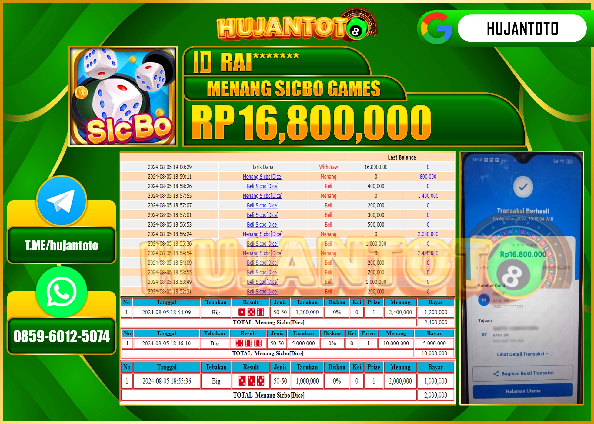 HUJANTOTO MENANG BESAR DI PERMAINAN LIVEGAME SICBO GAMES  16.800.000 - LUNAS 