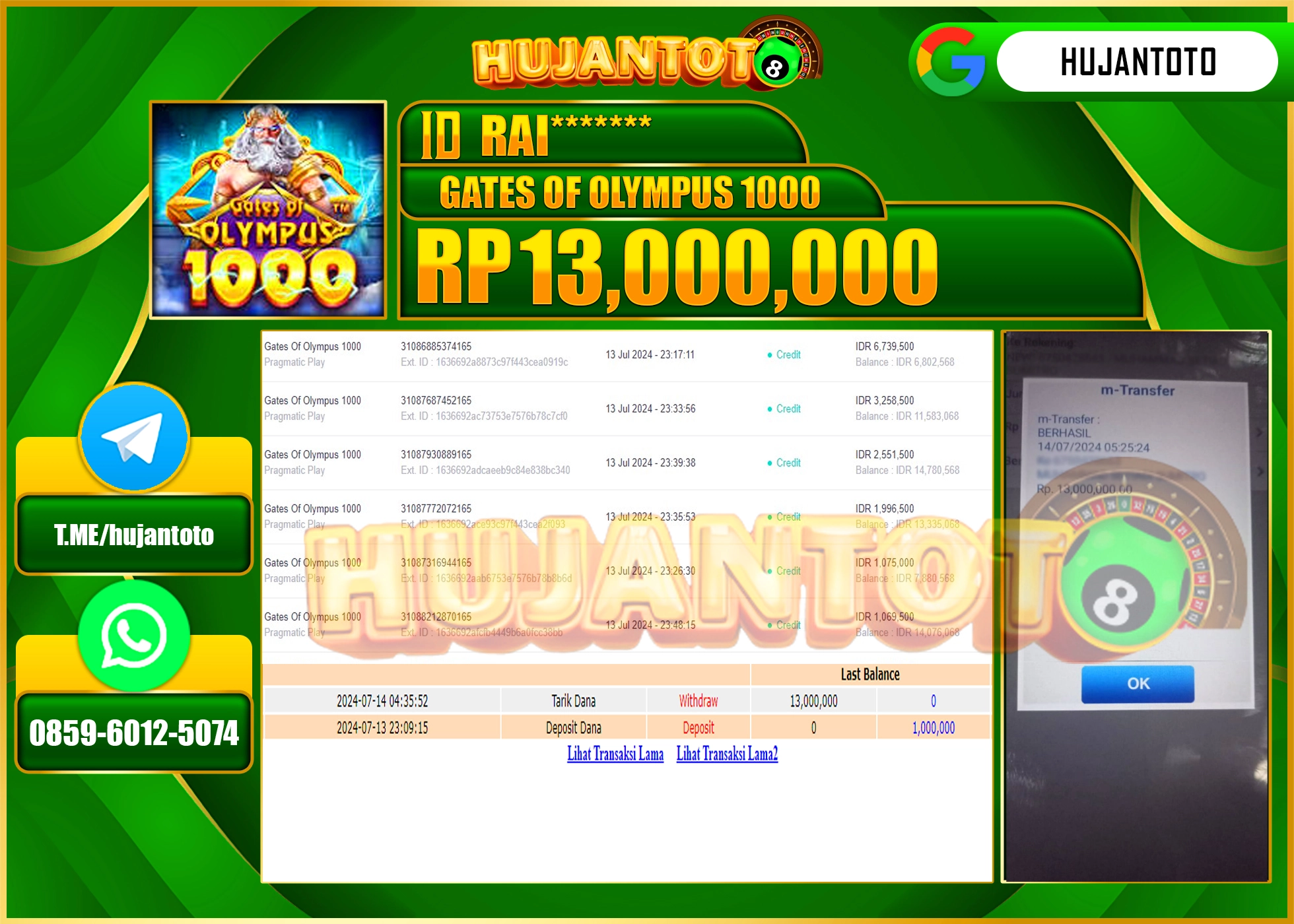HUJANTOTO MENANG SLOT GATES OF OLYMPUS 1000  13.000.000 - LUNAS 