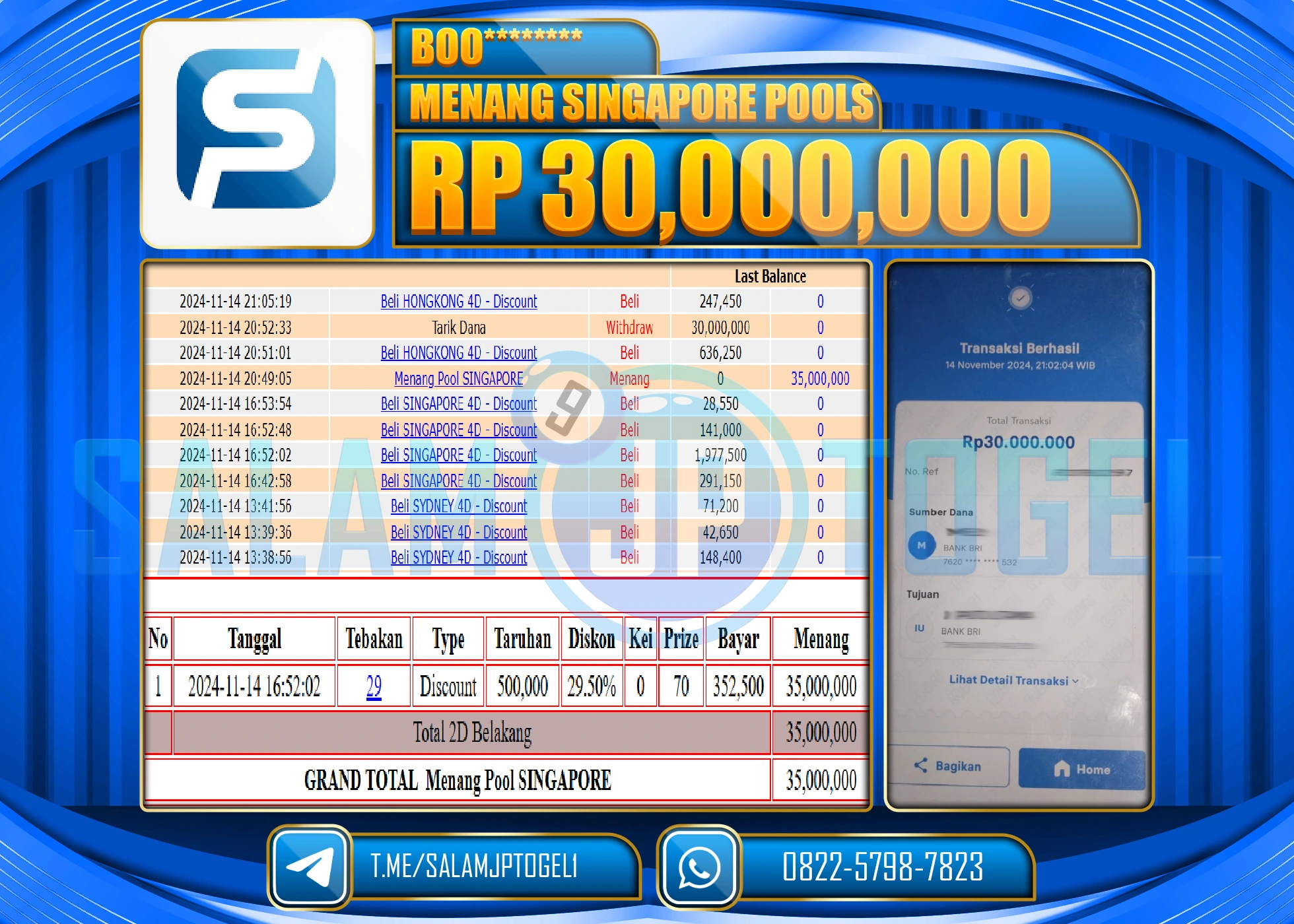 SALAMJPTOGEL MENANG POOLS SINGAPORE RP. 30,000,000 LUNAS