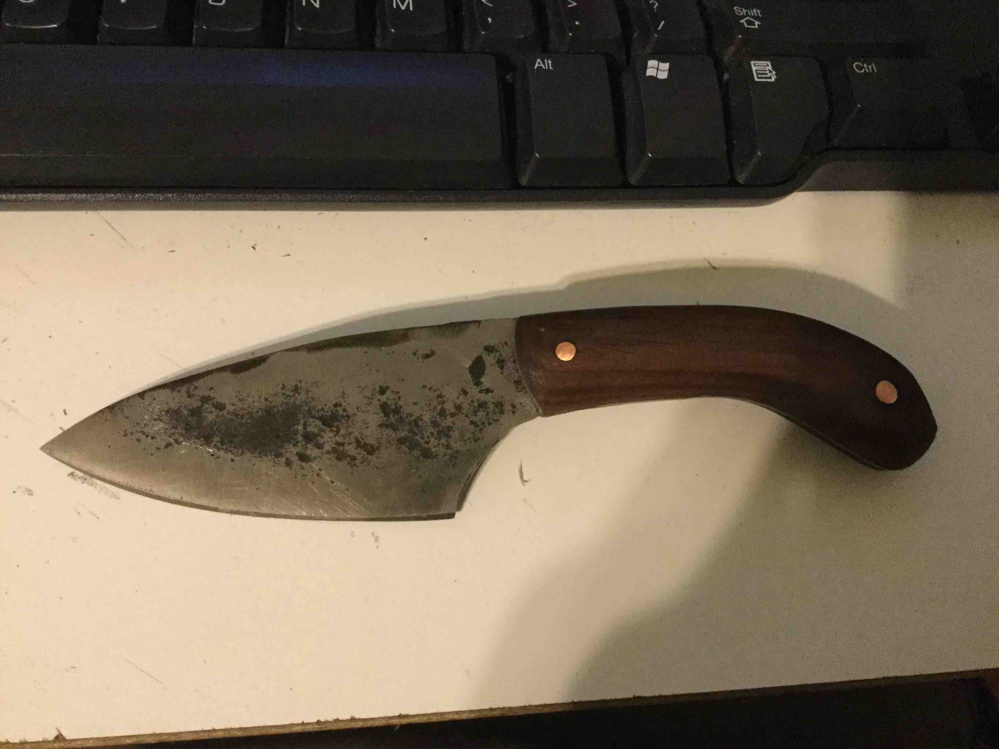Made a knife as fast as possible. 8670, walnut, copper pins. 3 to 4