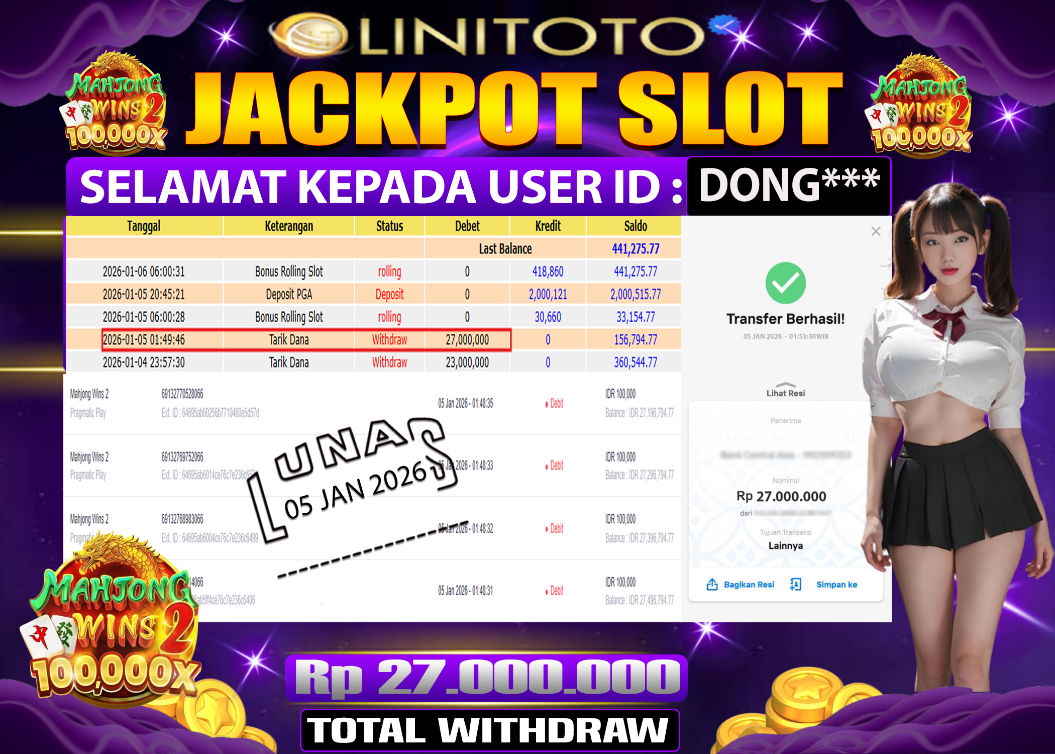 LINITOTO JACKPOT SLOT Mahjong Wins 2 Rp.27,000,000 - LUNAS