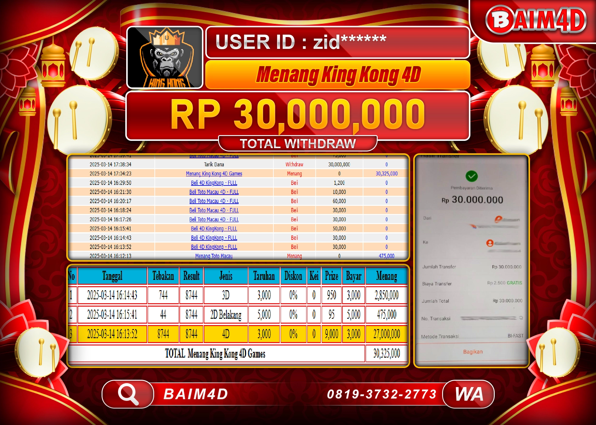 BAIM4D JACKPOT MENANG KING KONG 4D GAMES Rp.30.000,000.- LUNAS