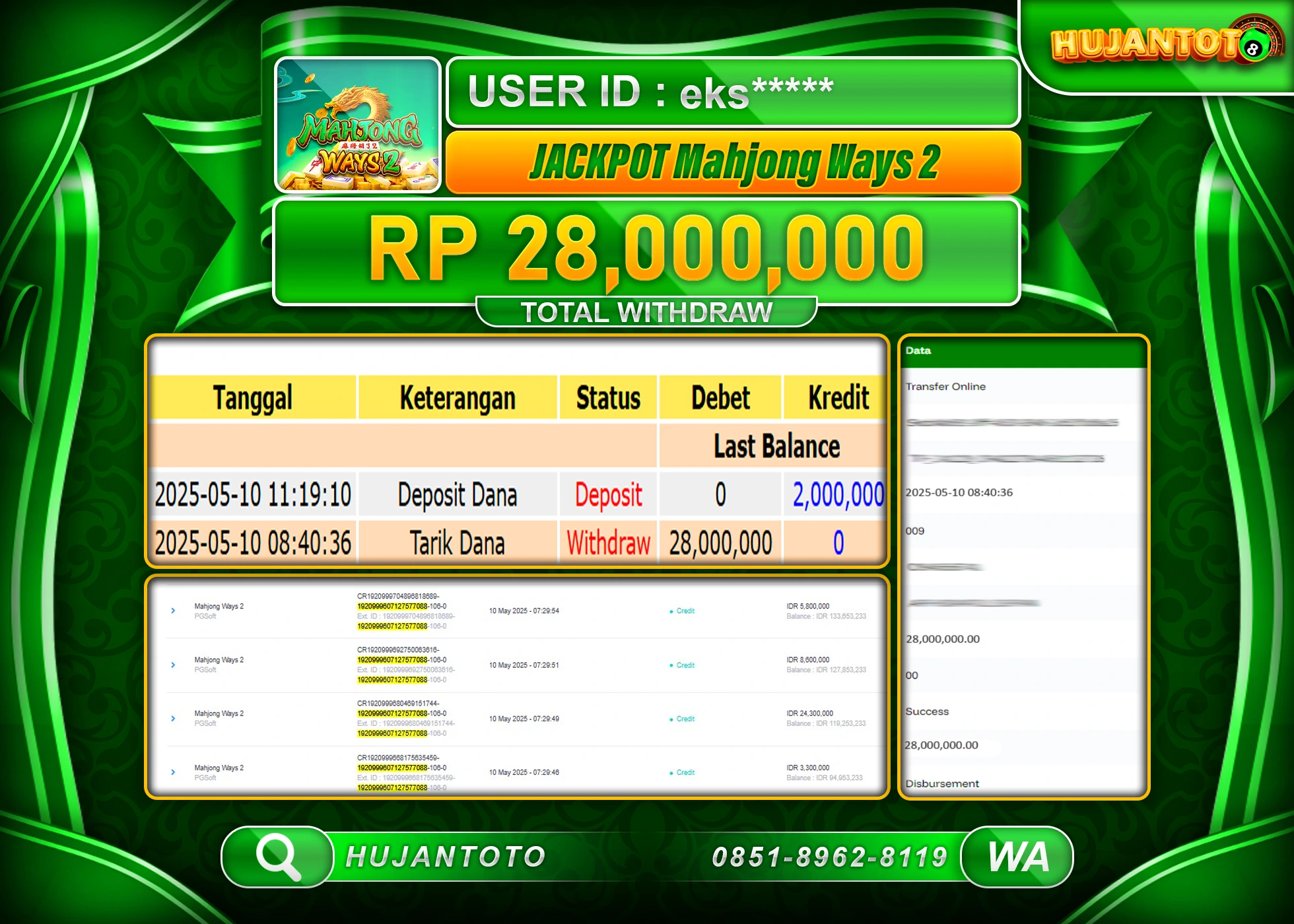 HUJANTOTO - BUKTI JACKPOT MENANG SLOT MAHJONG WAYS 2 Rp,28,000,000 - TERBAYAR LUNAS