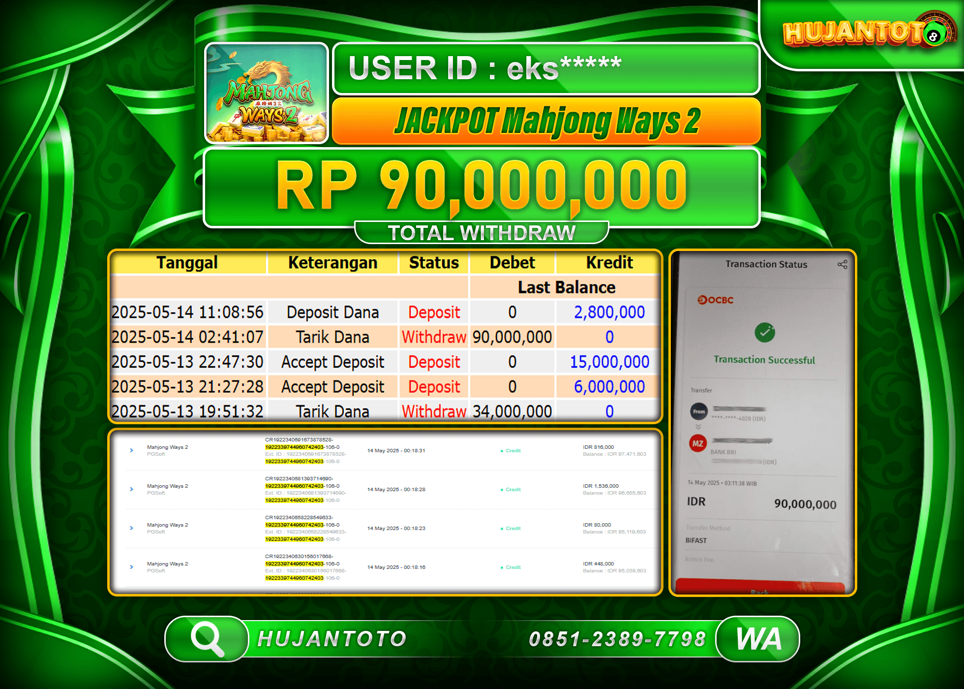 HUJANTOTO - BUKTI JACKPOT MENANG SLOT MAHJONG WAYS 2 Rp,90,000,000 - TERBAYAR LUNAS