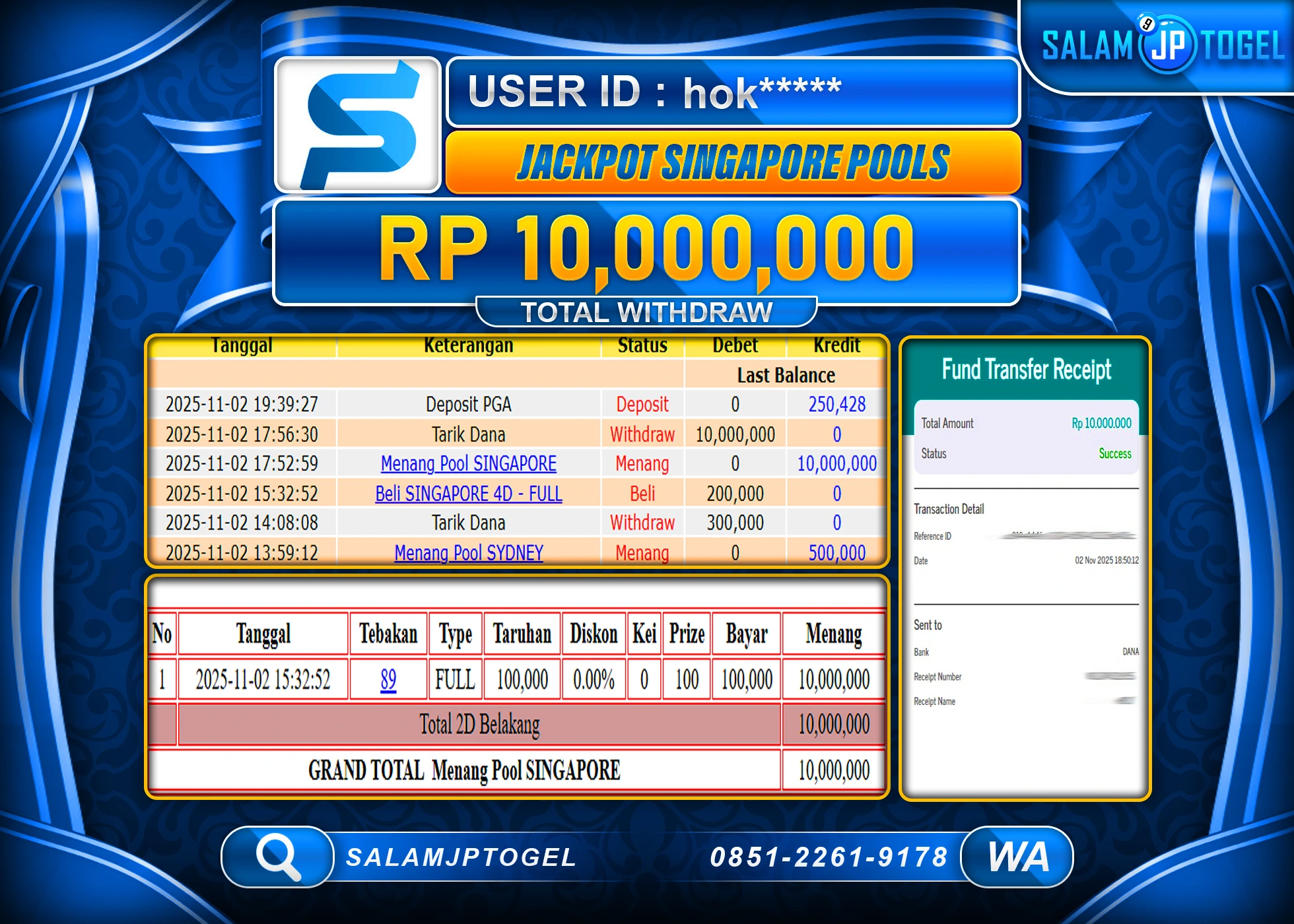 SALAMJPTOGEL MENANG SINGAPORE POOLS Rp.10,000,000  - LUNAS