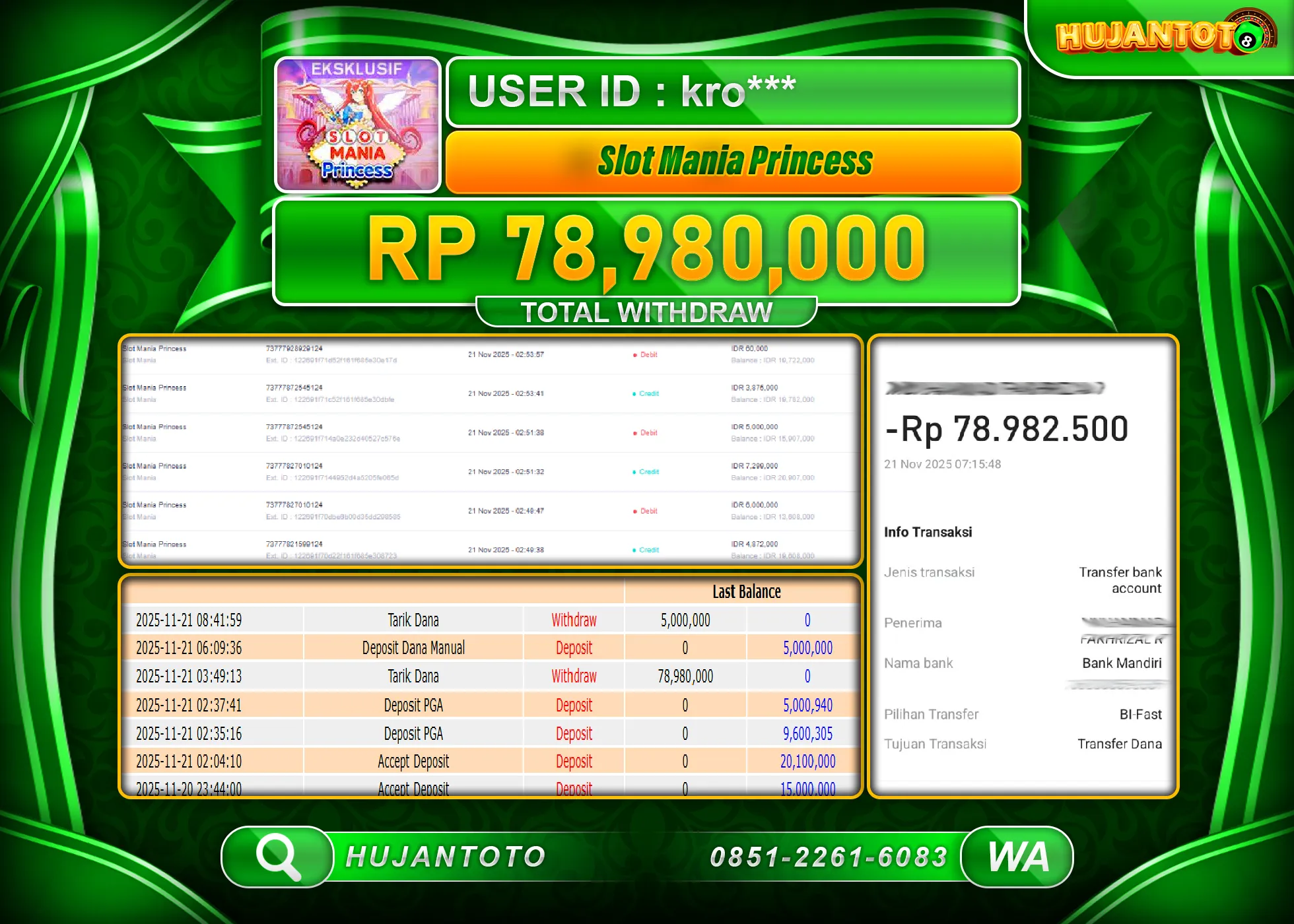 HUJANTOTO - BUKTI JACKPOT MENANG SLOT MANIA PRINCESS Rp.78,980,000 - TERBAYAR LUNAS