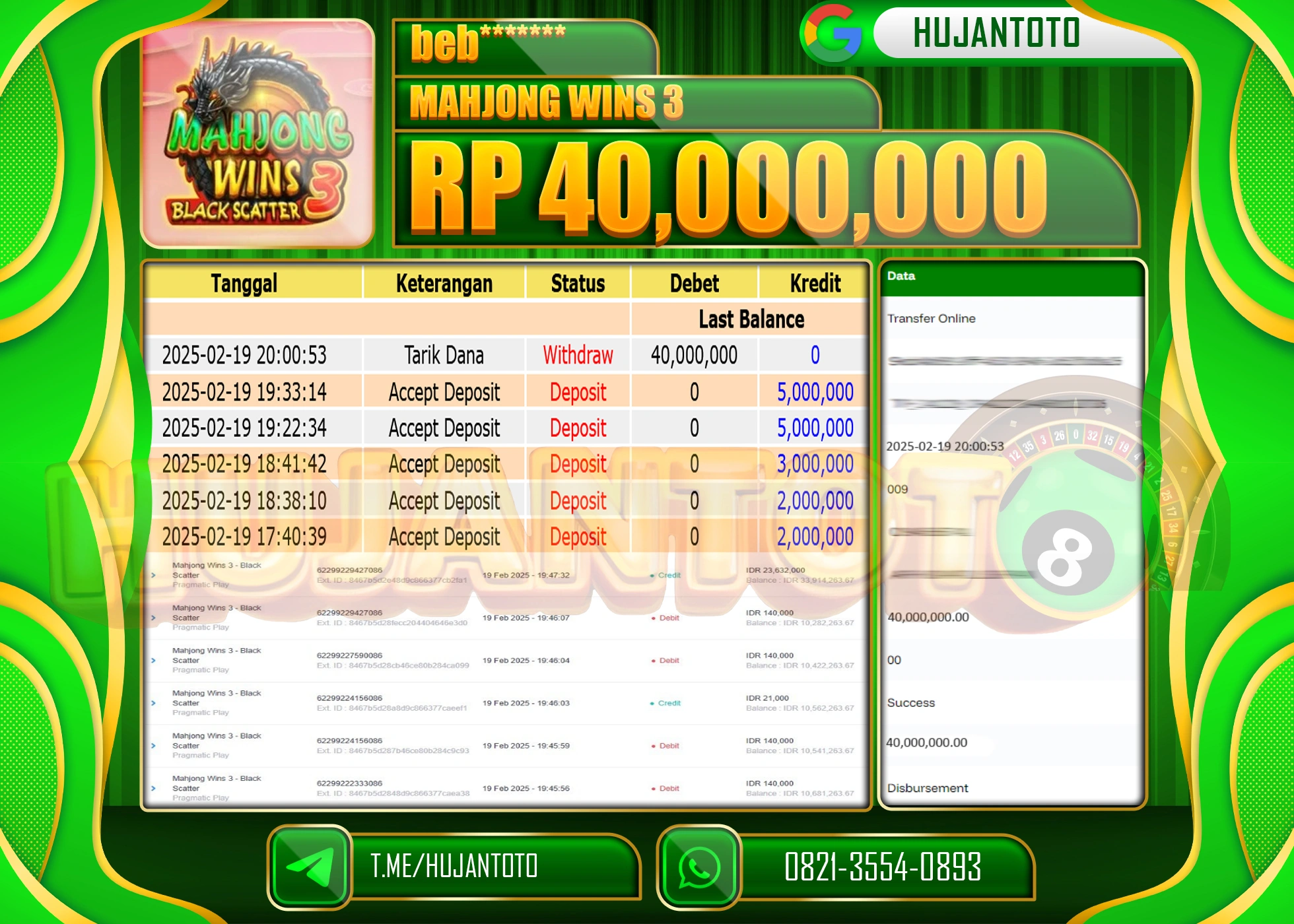 HUJANTOTO - BUKTI JACKPOT MENANG SLOT MAHJONG WINS 3 Rp,40.000,000 - TERBAYAR LUNAS
