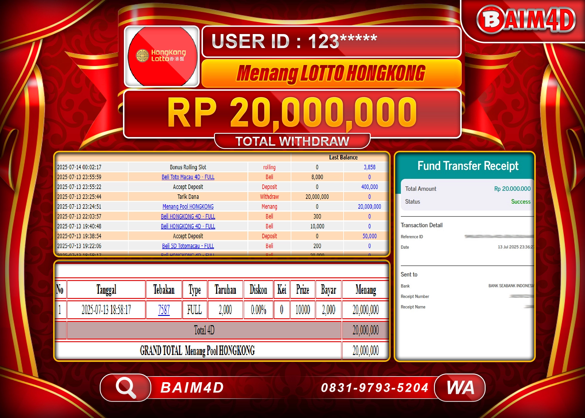 BAIM4D JACKPOT MENANG HONGKONG LOTTO POOLS Rp.20.000,000.- LUNAS