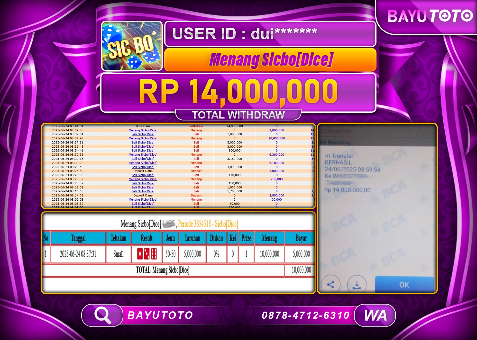 BAYUTOTO JACKPOT DI LIVE GAMES Sicbo[Dice] Rp.14,000,000 LUNAS