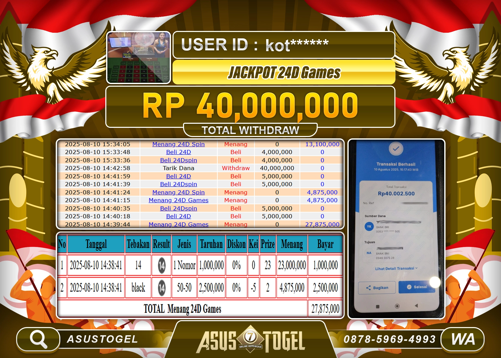 ASUSTOGEL KEMENANGAN DI LIVE GAME 24D SPIN SEBESAR 40,000,000- RUPIAH LUNAS