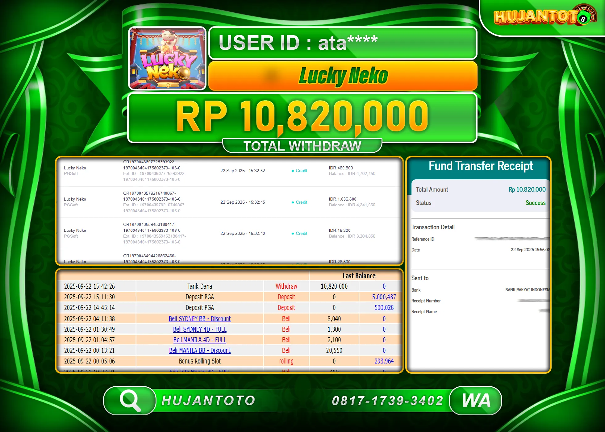HUJANTOTO - BUKTI JACKPOT MENANG SLOT LUCKY NEKO PGSOFT Rp.10,820,000 - TERBAYAR LUNAS
