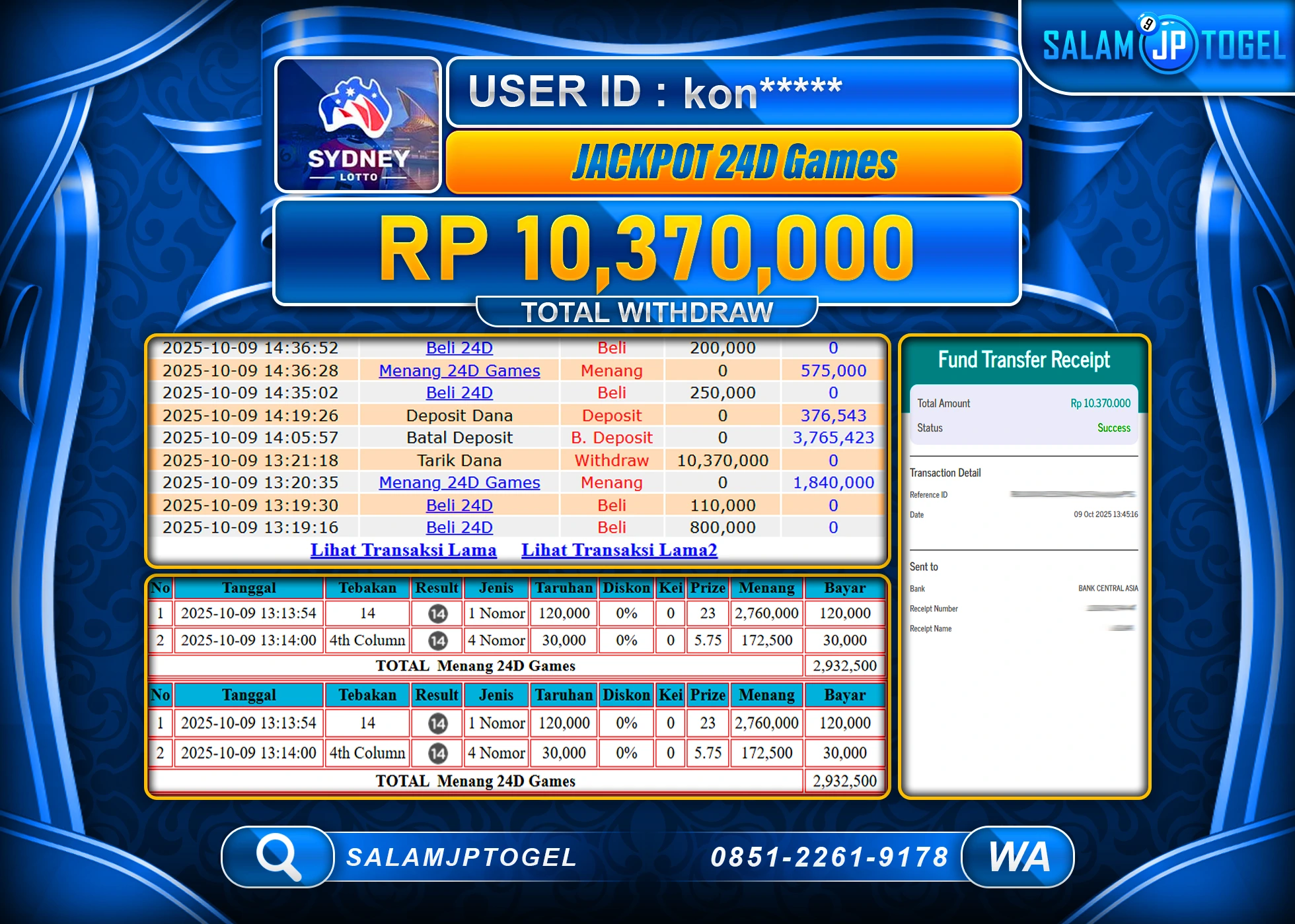 SALAMJPTOGEL MENANG JACKPOT  24D GAMES RP. 10,370,000, - LUNAS