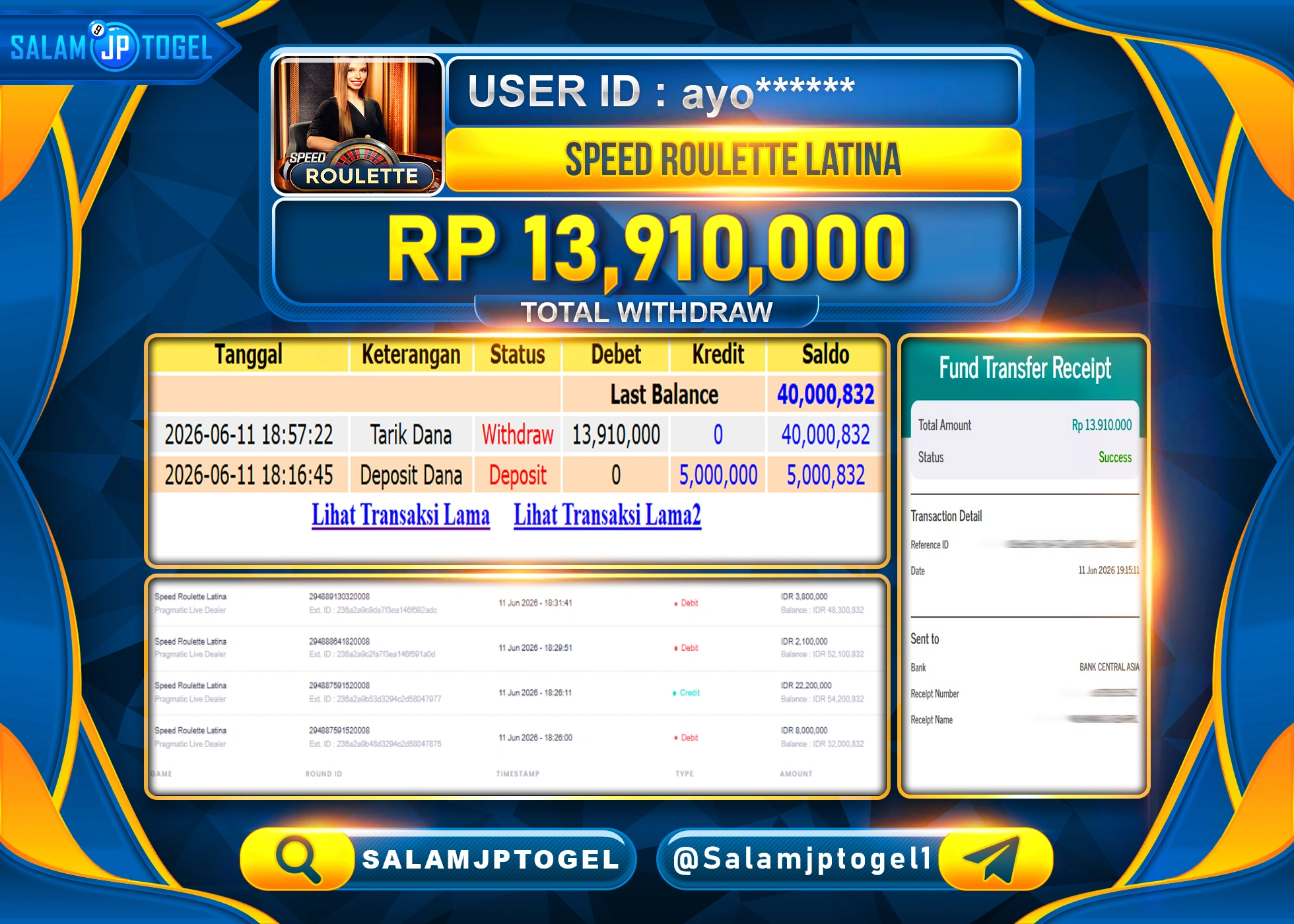 SALAMJPTOGEL JACKPOT MENANG LIVEGAMES SPEED ROULETTE LATINA Rp.13,910,000 - LUNAS