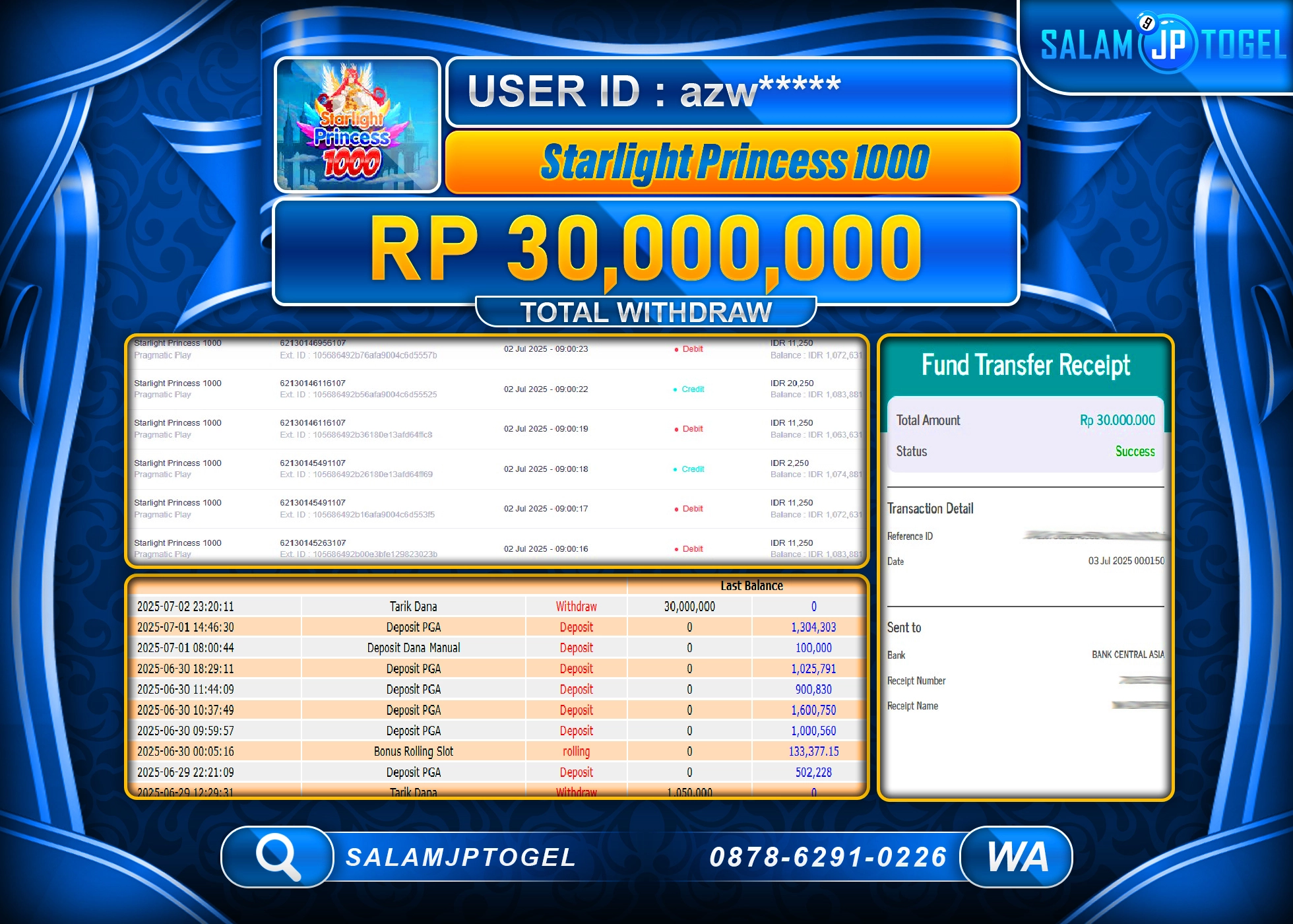 SALAMJPTOGEL MENANG Starlight Princess 1000 Rp.30,000,000 LUNAS