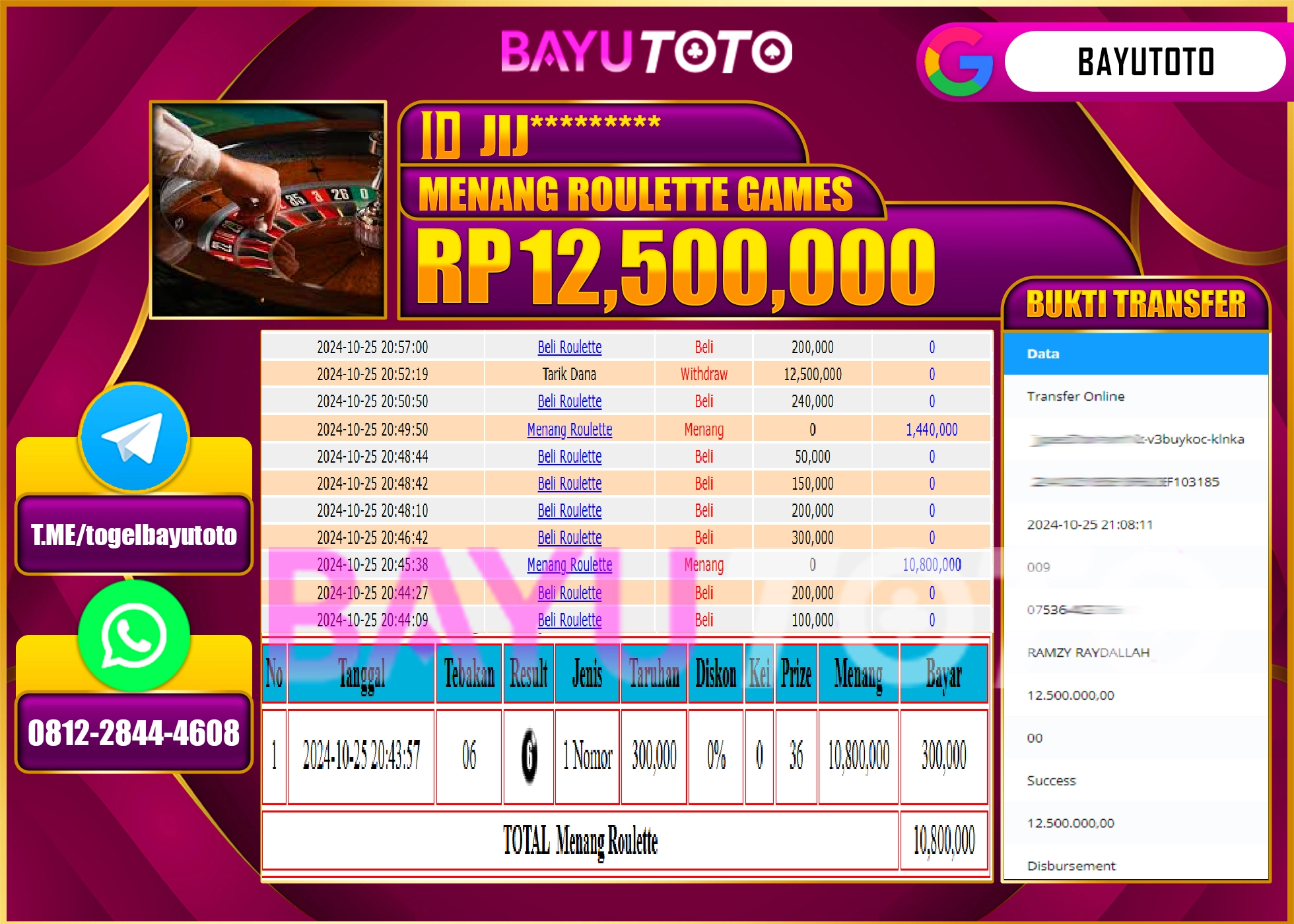 BAYUTOTO MENANG LIVE GAME ROULETTE 12.500.000 - LUNAS