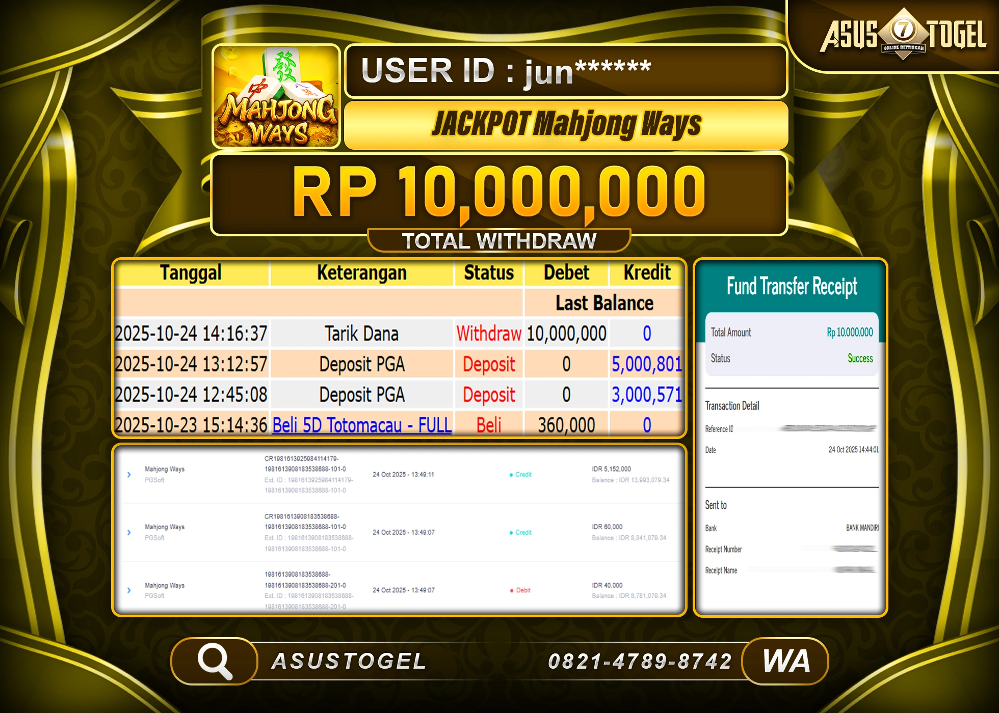 ASUSTOGEL KEMENANGAN DI SLOT MAHJONG WAYS  SEBESAR 10,000,000- RUPIAH LUNAS !
