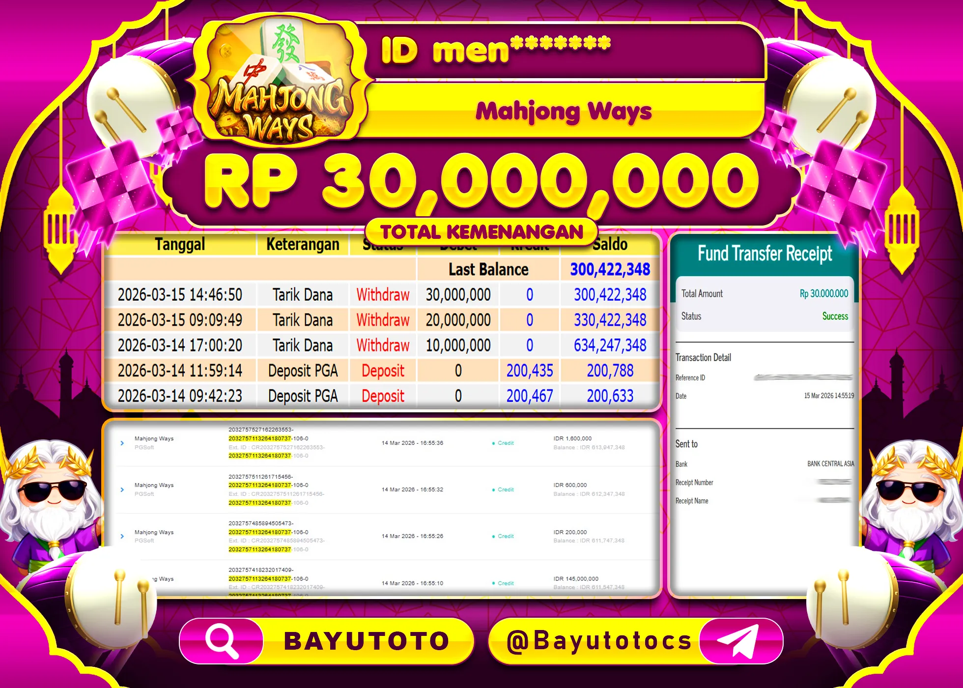 SELAMAT MEMBER SETIA BAYUTOTO JACKPOT DI SLOT MAHJONG WAYS (PGSOFT) Rp. 30,000,000 LUNAS