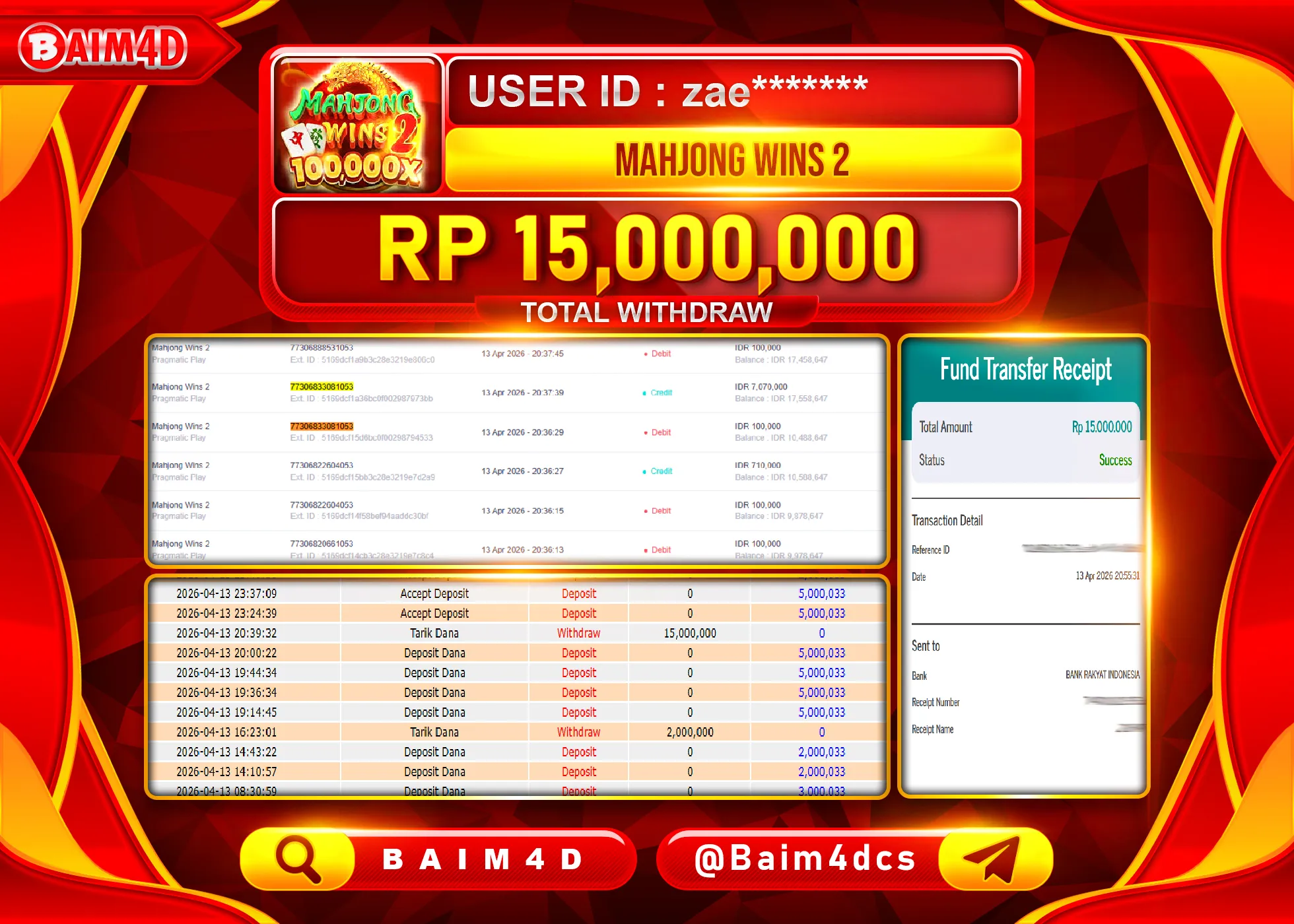 BAIM4D JACKPOT  SLOT MAHJONG WINS 2 Rp.15,000,000 - LUNAS