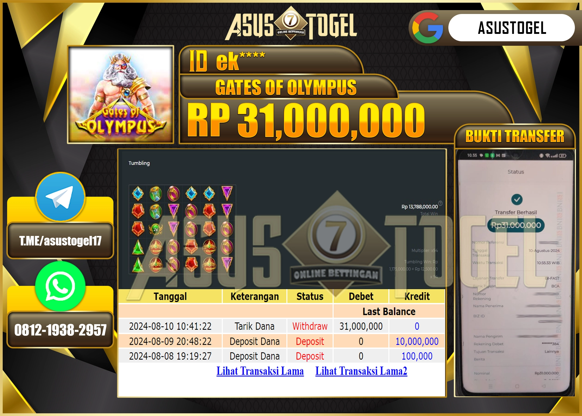 ASUSTOGEL KEMENANGAN DI GATES OF OLYMPUS  SEBESAR 31,000,000- RUPIAH LUNAS