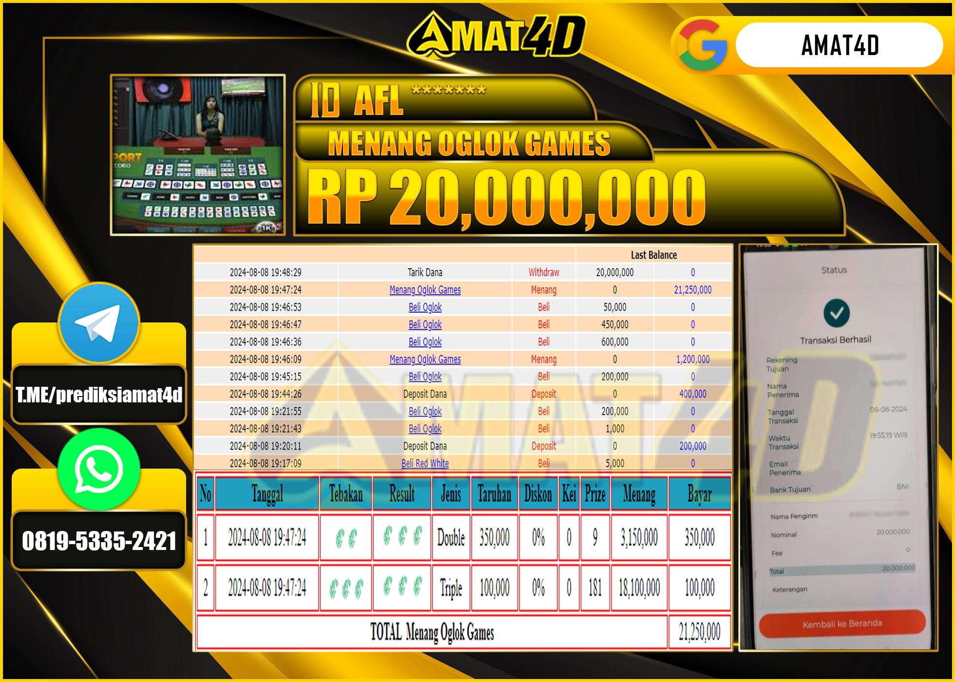 AMAT4D KEMENANGAN JACKPOT OGLOK GAMES Rp.20.000.000 BERHASIL TERBAYAR LUNAS !