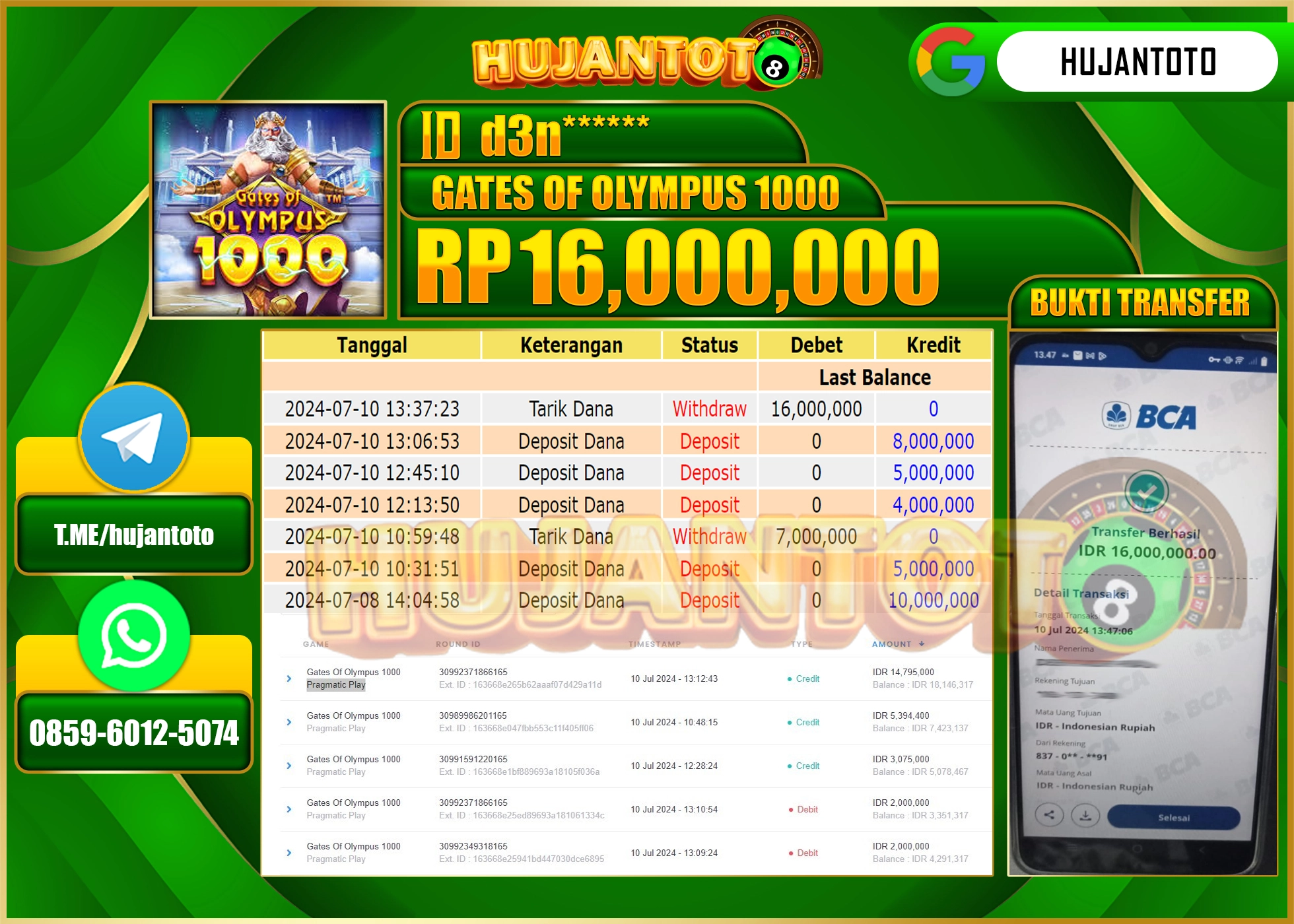 HUJANTOTO MENANG SLOT Gates Of Olympus 1000 (Pragmatic Play)  16.000.000 - LUNAS 