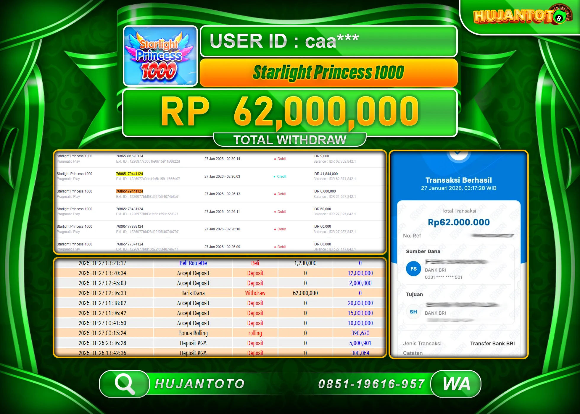 HUJANTOTO - BUKTI JACKPOT MENANG SLOT STARLIGHT PRINCES 1000 Rp.62,000,000 - TERBAYAR LUNAS