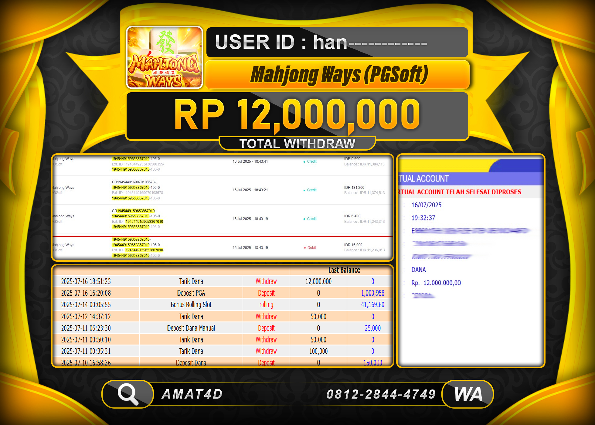 AMAT4D KEMENANGAN  MAHJONG WAYS Rp.12.000.000 BERHASIL TERBAYAR LUNAS