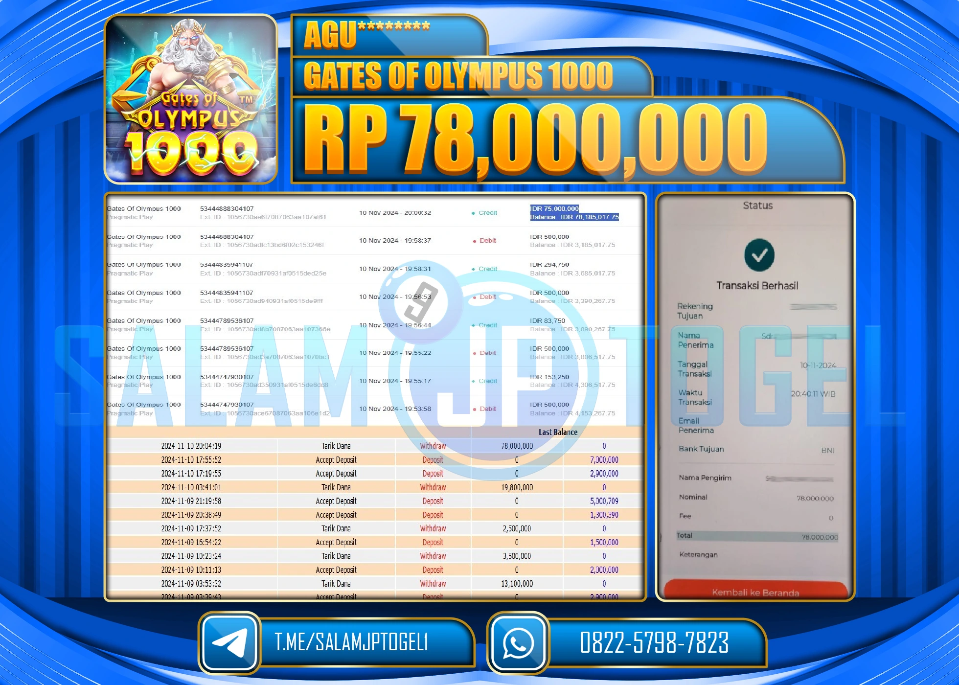 SALAMJPTOGEL MENANG GATES OF OLYMPUS 1000 RP. 78,000,000 LUNAS