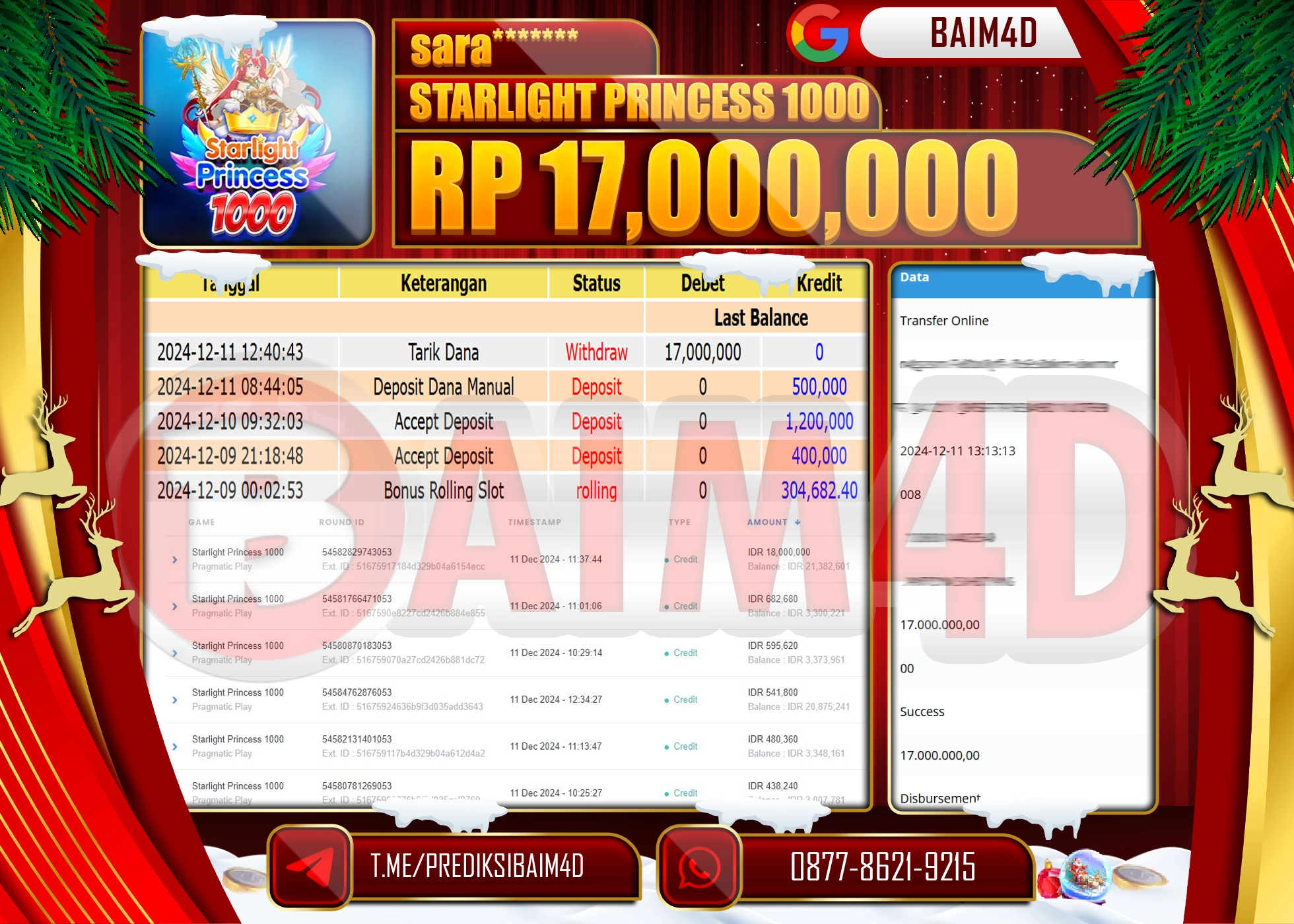 BAIM4D JACKPOT Starlight Princess 1000 Rp.17,000,000.- LUNAS
