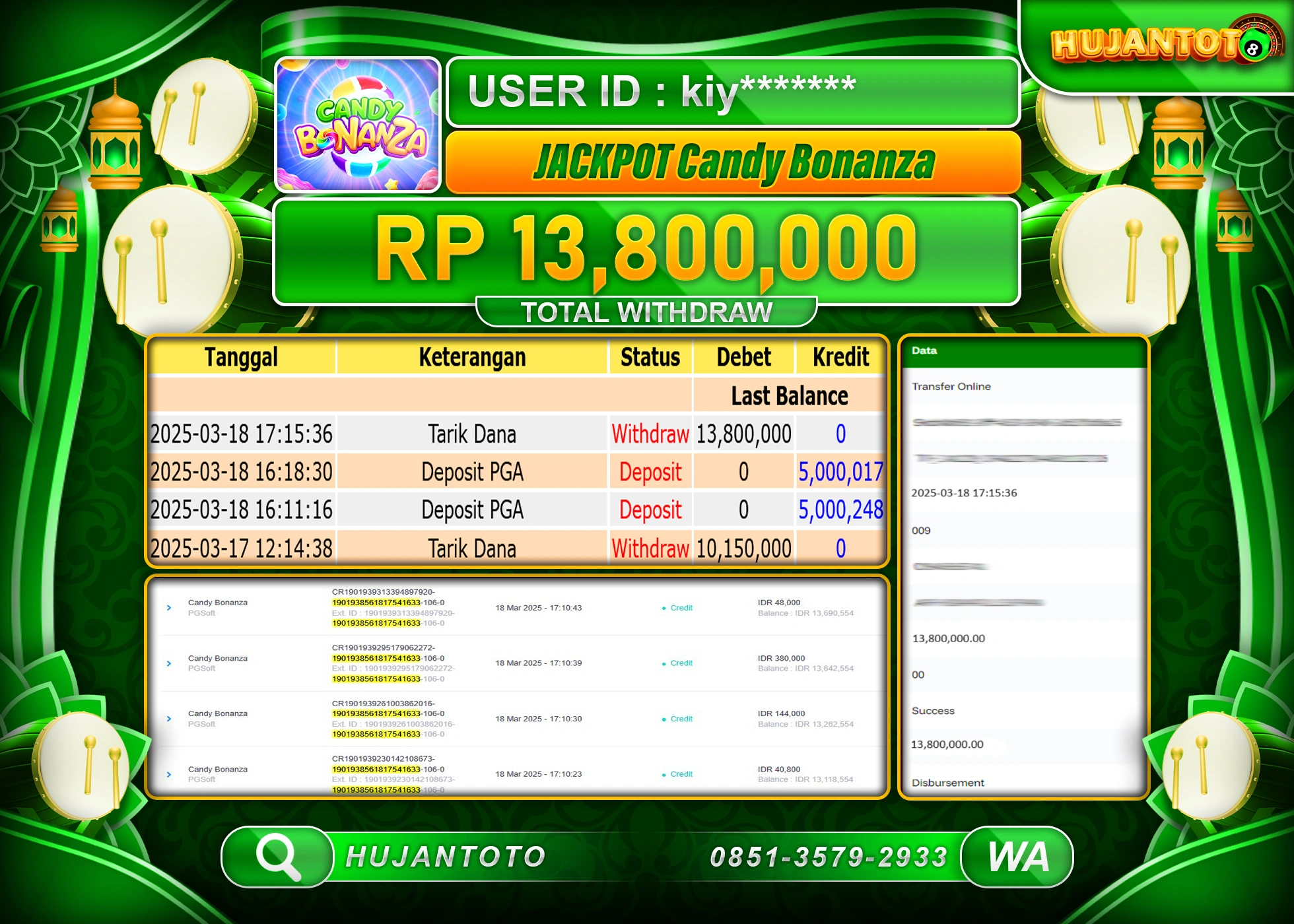 HUJANTOTO - BUKTI JACKPOT MENANG SLOT CANDY BONANZA  Rp,13,800,000 - TERBAYAR LUNAS 