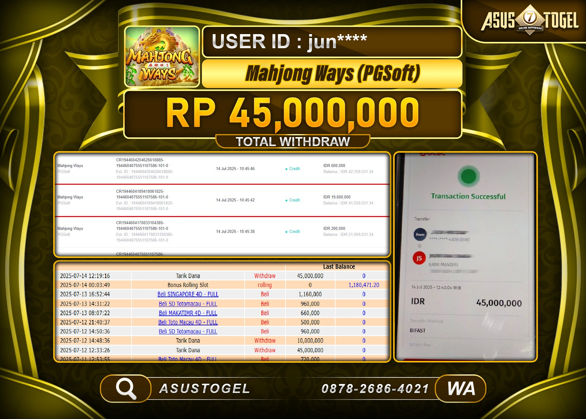 ASUSTOGEL KEMENANGAN DI SLOT MAHJONG WAYS SEBESAR 45,000,000- RUPIAH LUNAS