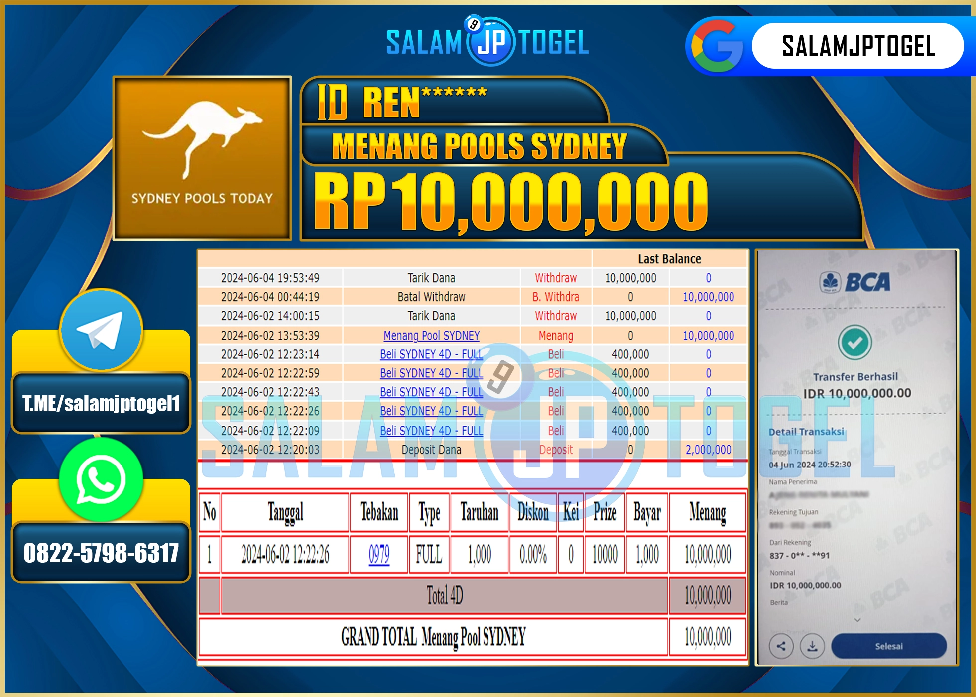 SALAMJPTOGEL MENANG SYDNEY POOLS RP. 10,000,000.,LUNAS