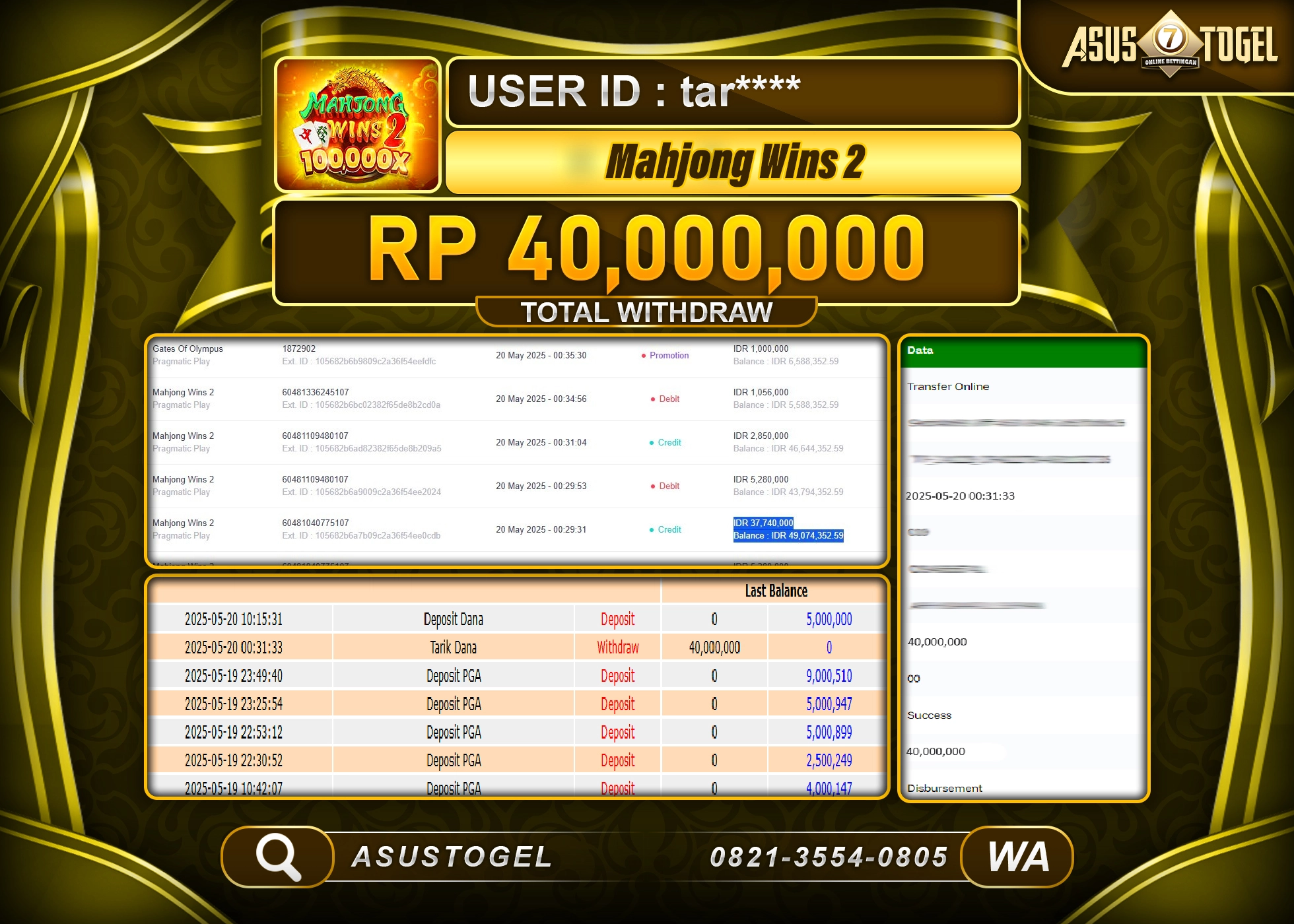  ASUSTOGEL KEMENANGAN DI SLOT MAHJONG WINS 2 MANIA SEBESAR 40,000,000- RUPIAH LUNAS