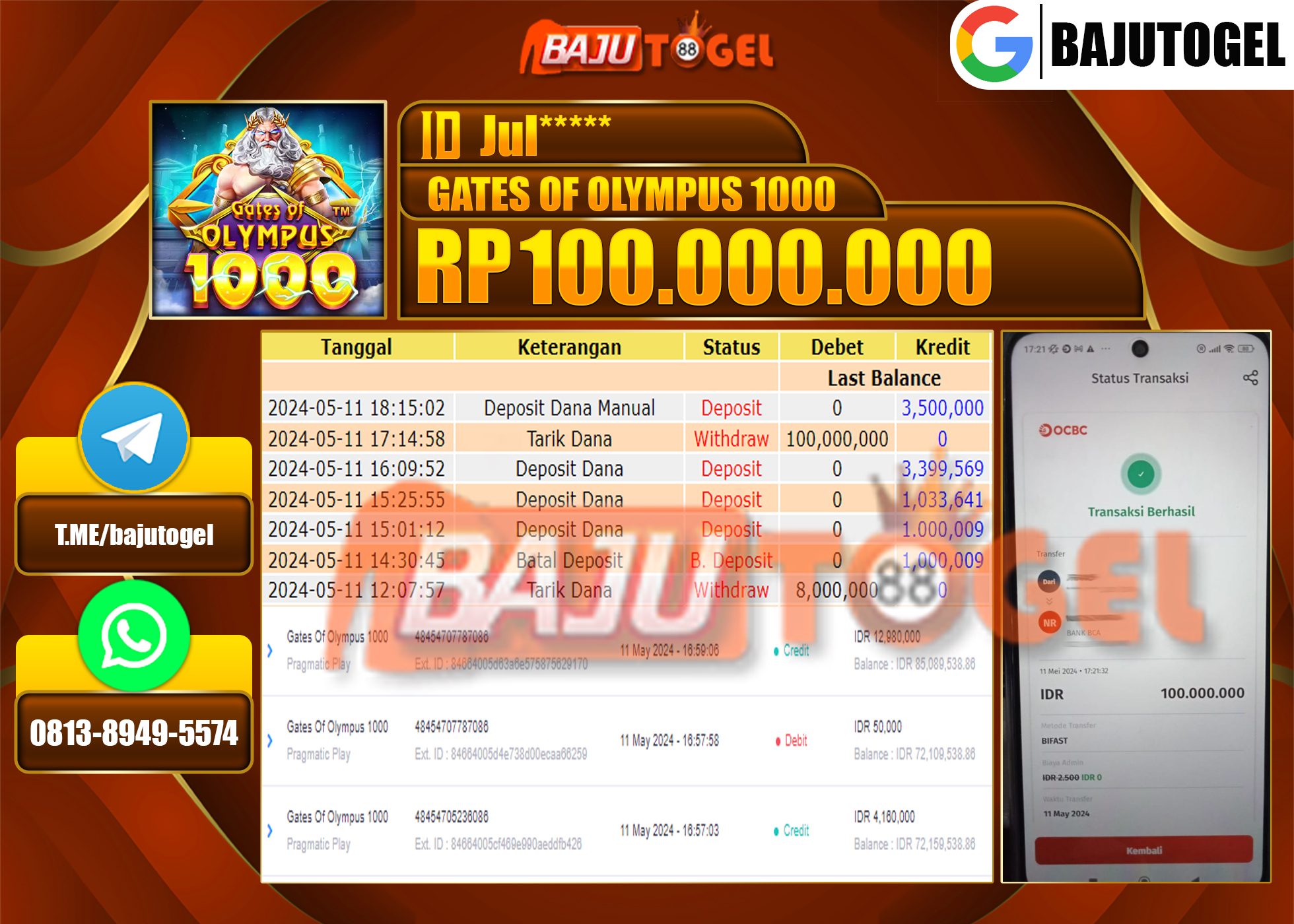 BAJUTOGEL JACKPOT SLOT GATES OF OLYMPUS Rp100.000.000 LUNAS