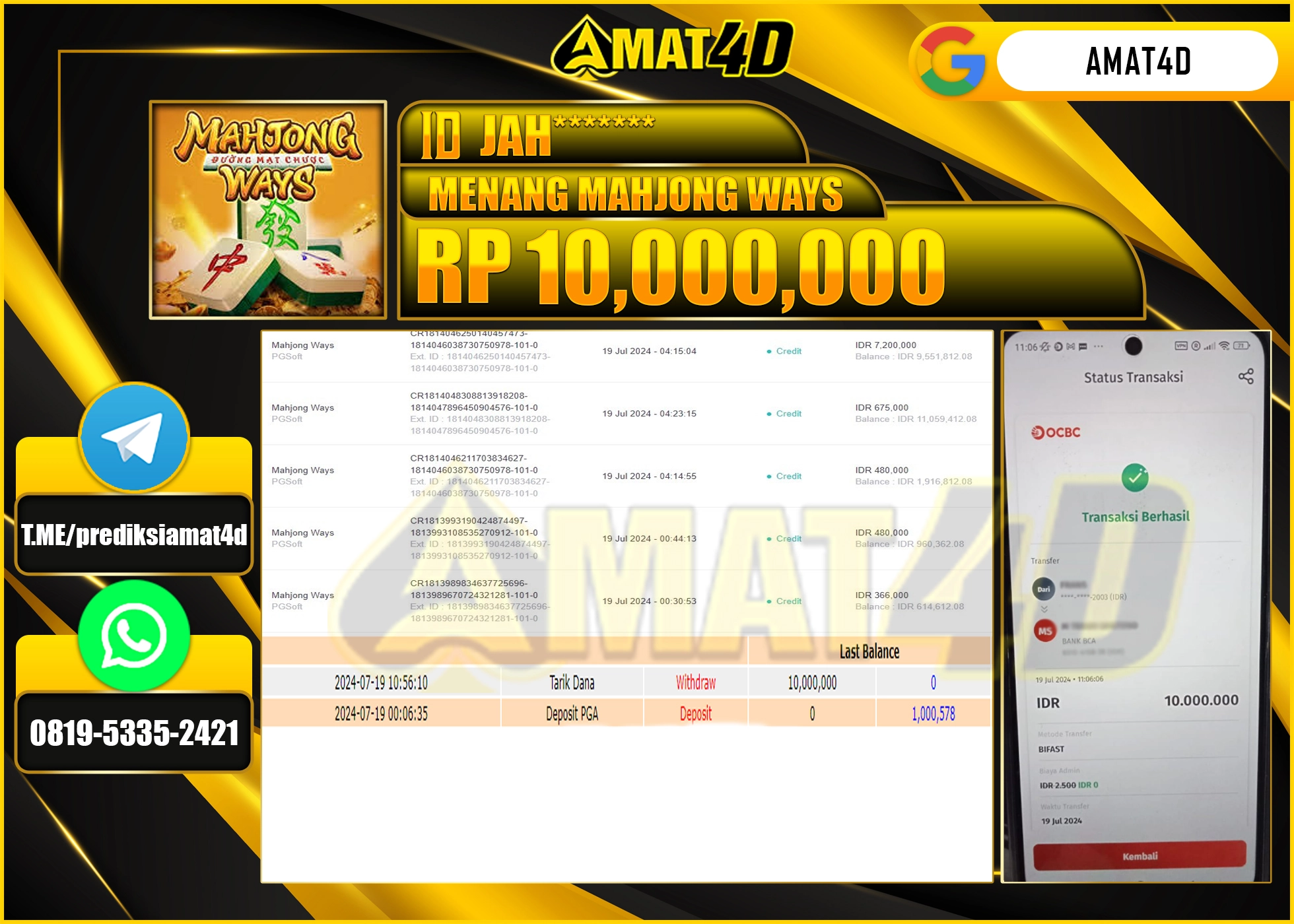 AMAT4D JACKPOT SLOT MAHJONG WAYS Rp.10.000.000 BERHASIL DI BAYAR LUNAS