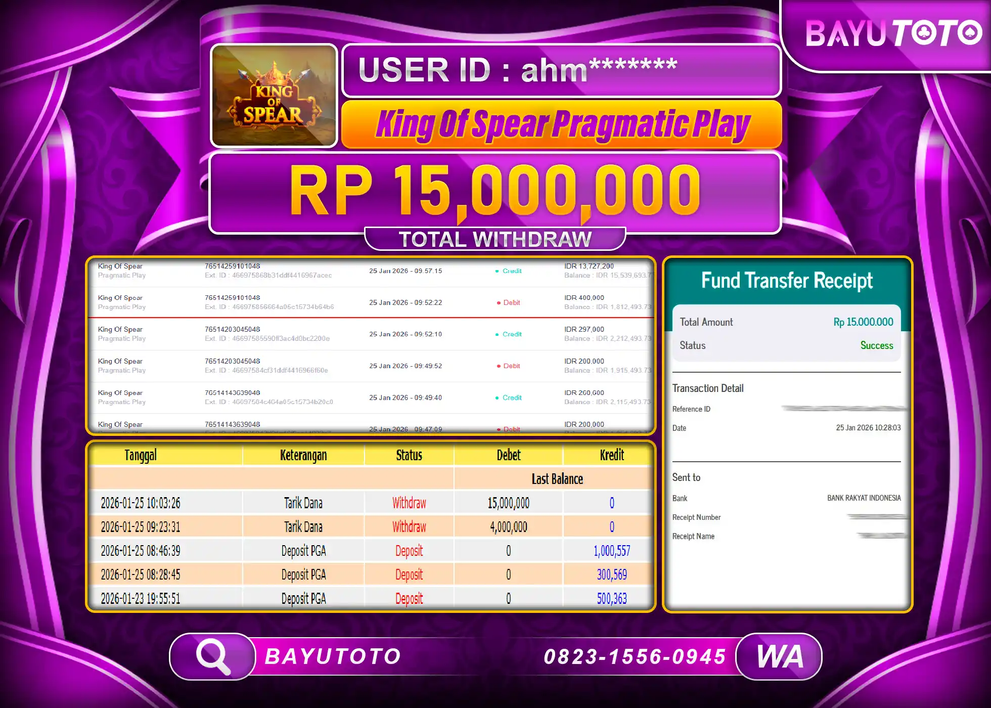 SELAMAT MEMBER SETIA BAYUTOTO JACKPOT DI SLOT GAME KING OF SPEAR Rp. 15,000,000 LUNAS