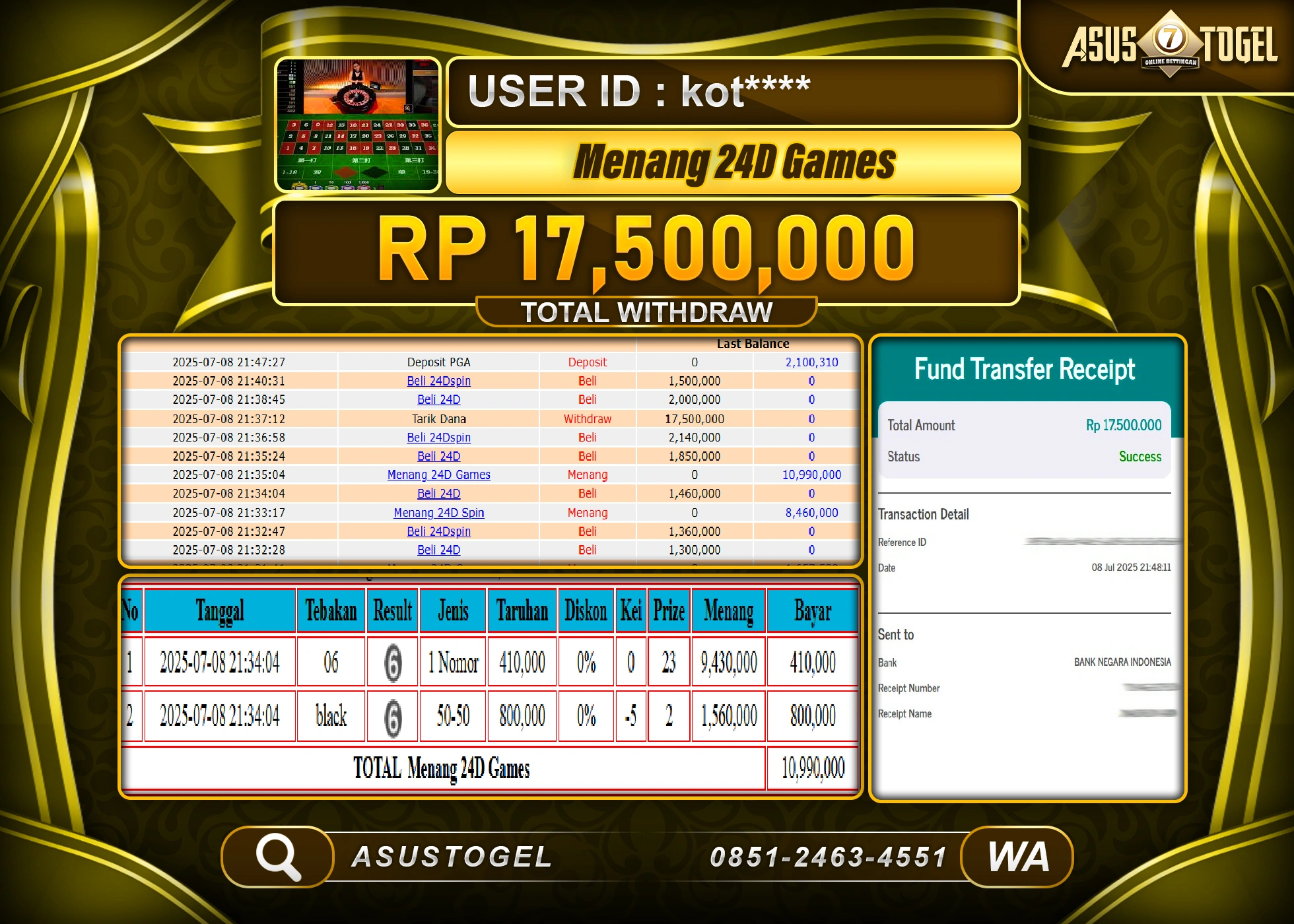 ASUSTOGEL KEMENANGAN DI LIVEGAMES 24D GAMES SEBESAR 17,500,000- RUPIAH LUNAS
