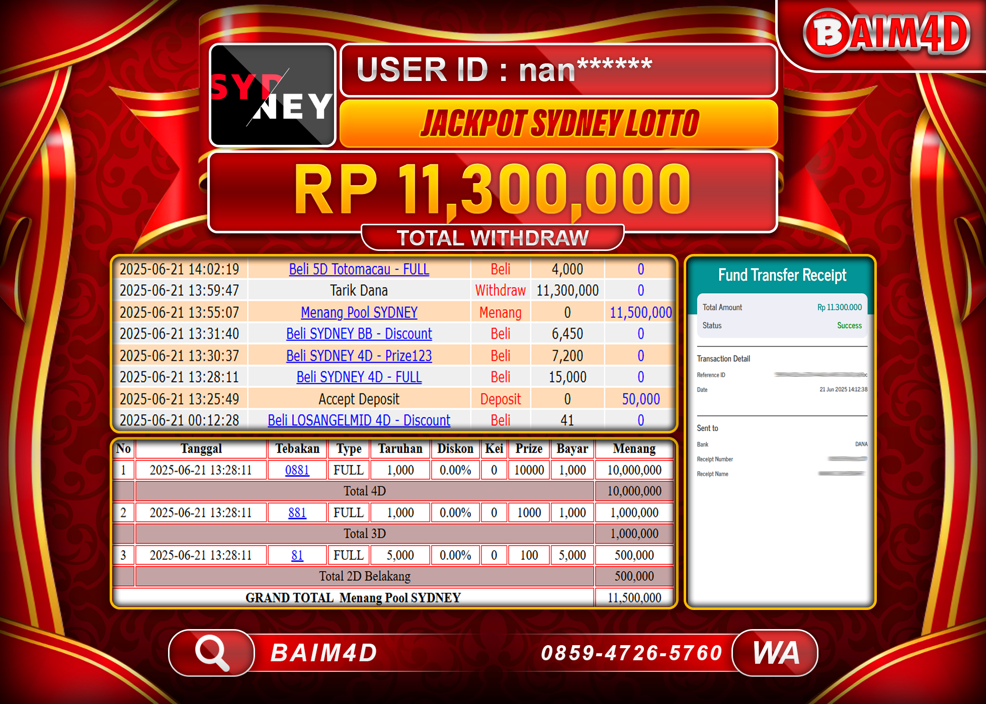 BAIM4D JACKPOT TOGEL SYDNEY LOTTO Rp.11,300,000.- LUNAS