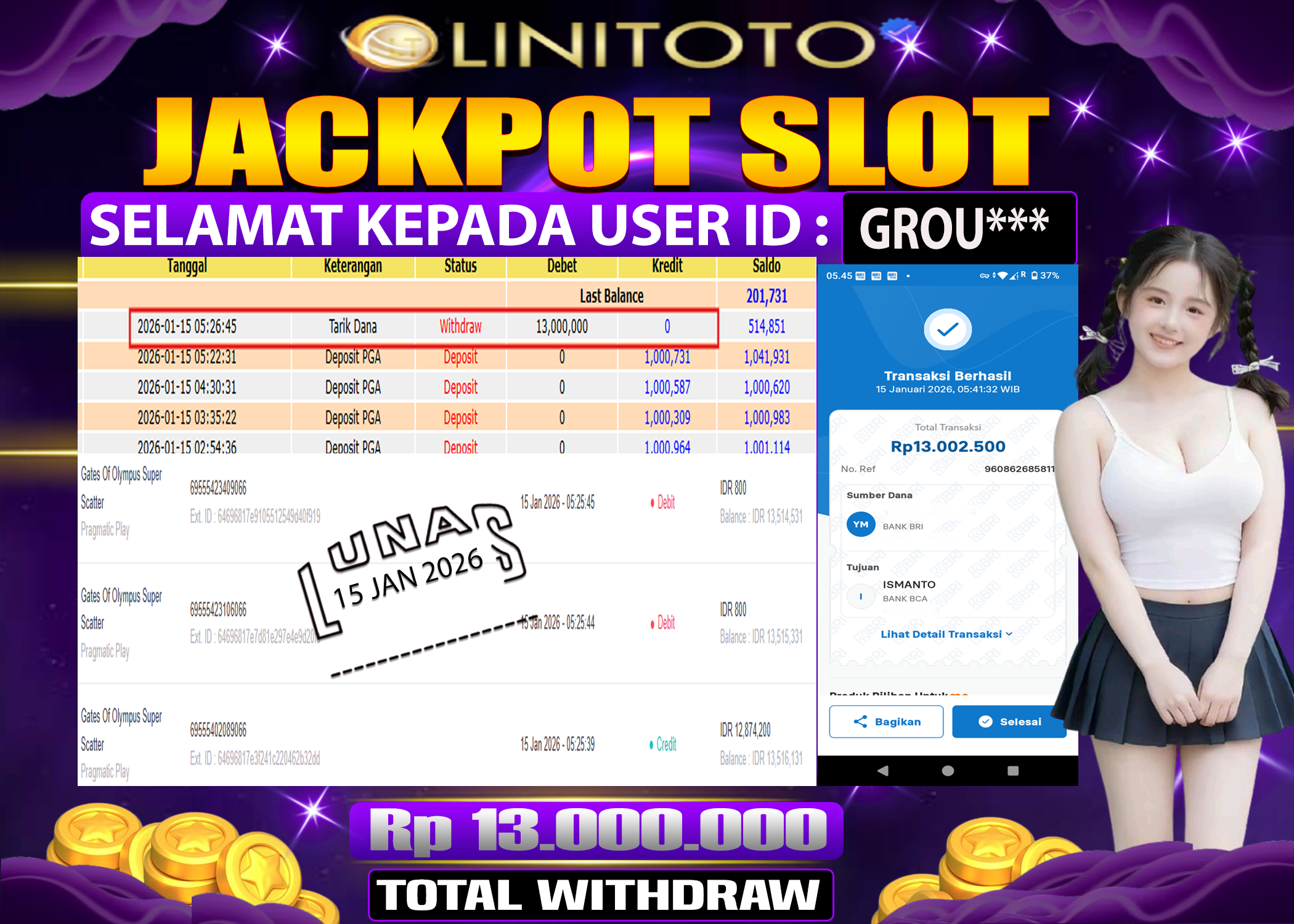 LINITOTO JACKPOT SLOT Gates Of Olympus Super Scatter  Rp.13,000,000 - LUNAS