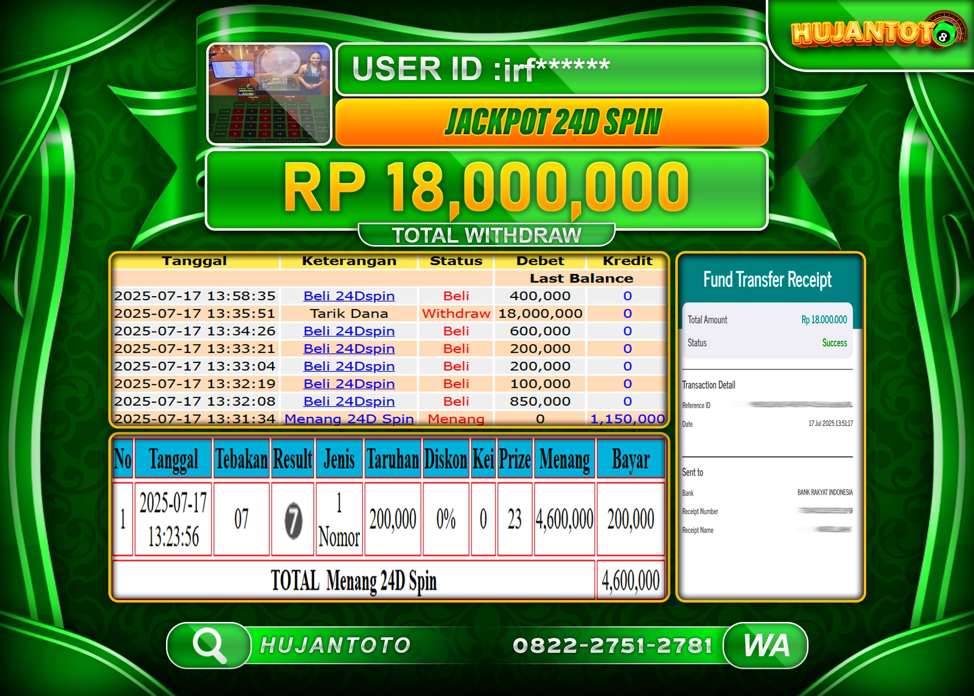 HUJANTOTO - BUKTI JACKPOT MENANG LIVEGAMES 24D SPIN  Rp.18,000,000 - TERBAYAR LUNAS