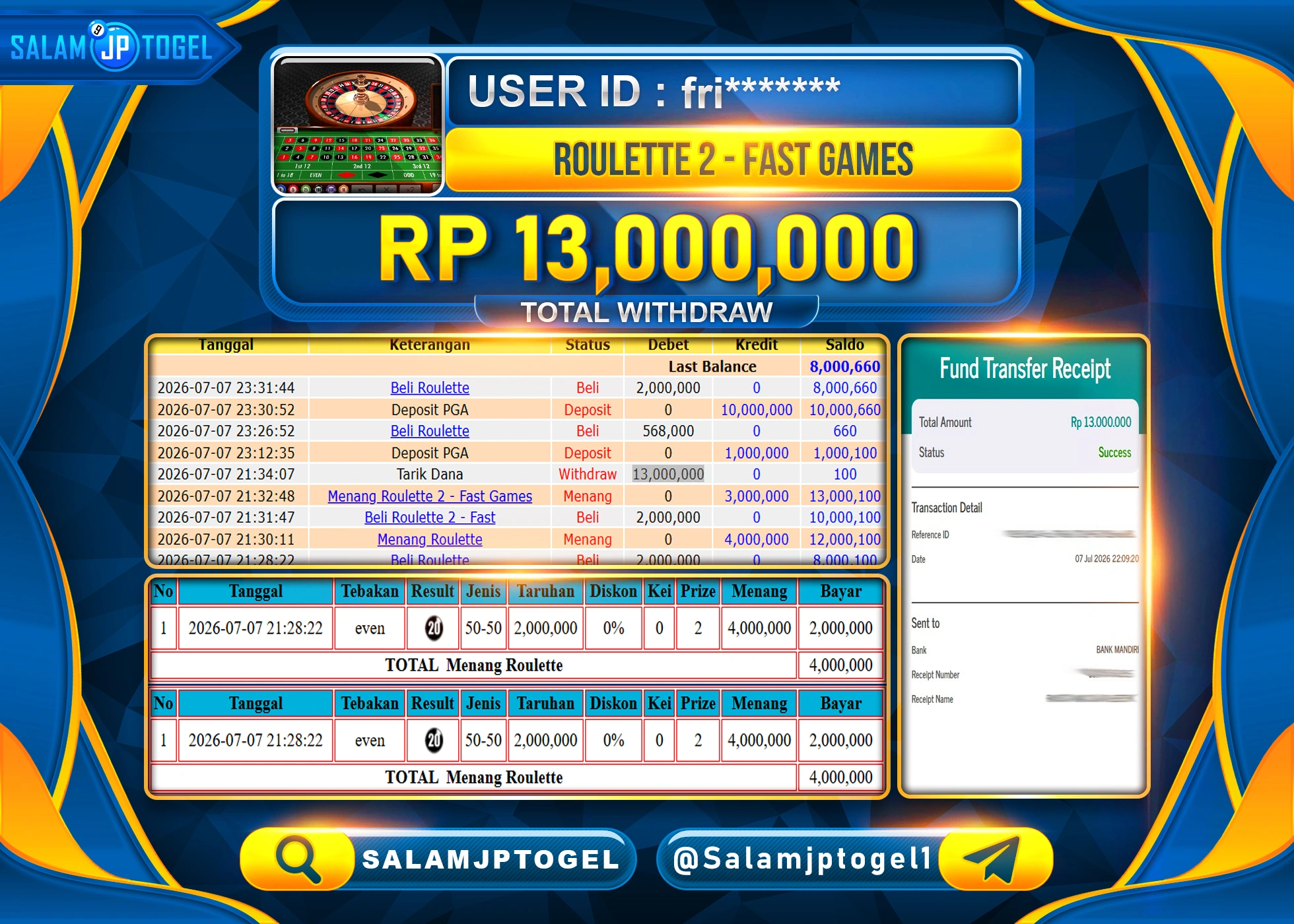 SALAMJPTOGEL JACKPOT MENANG LIVEGAMES ROULETTE 2 - FAST GAMES Rp.13,000,000 - LUNAS